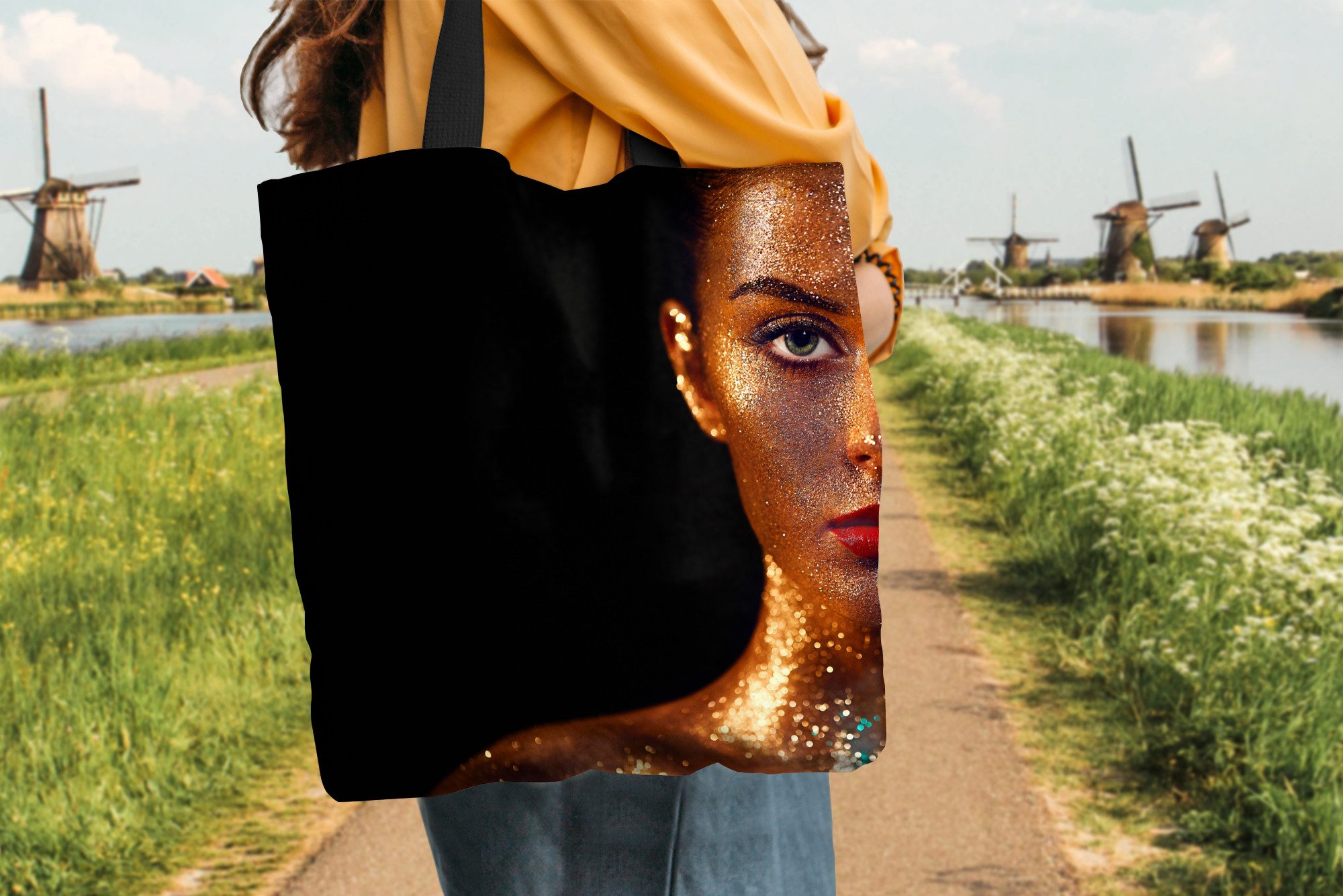 MuchoWow Shopper Make-up - Gold - Frau - Luxus - Glitzer - Kunst, Handtasche, Damen und Herren, Schultertasche, Umhängetasche, Tote Bag