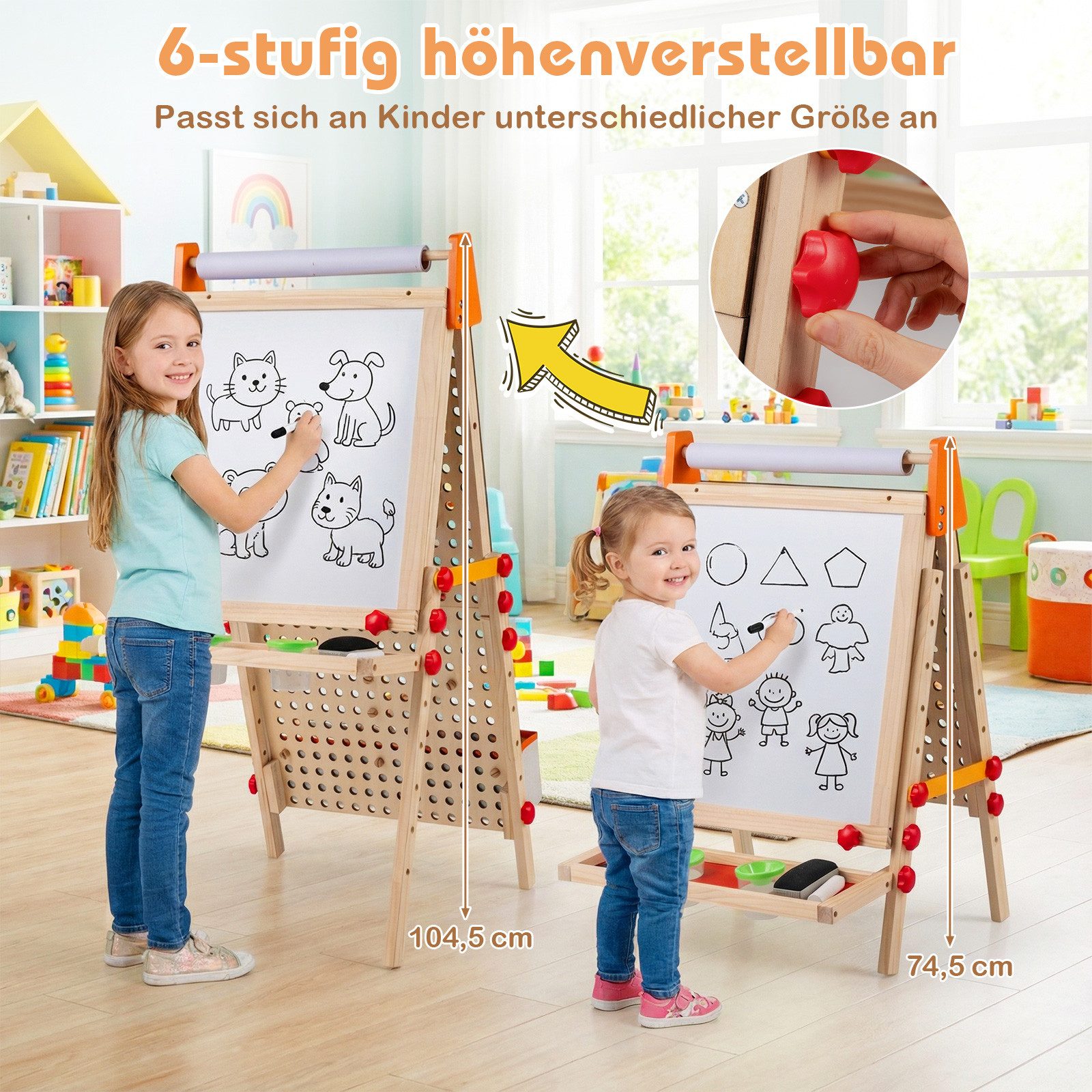 COSTWAY Standtafel, Staffelei 3 in 1, doppelseitige Kidnertafel aus Holz
