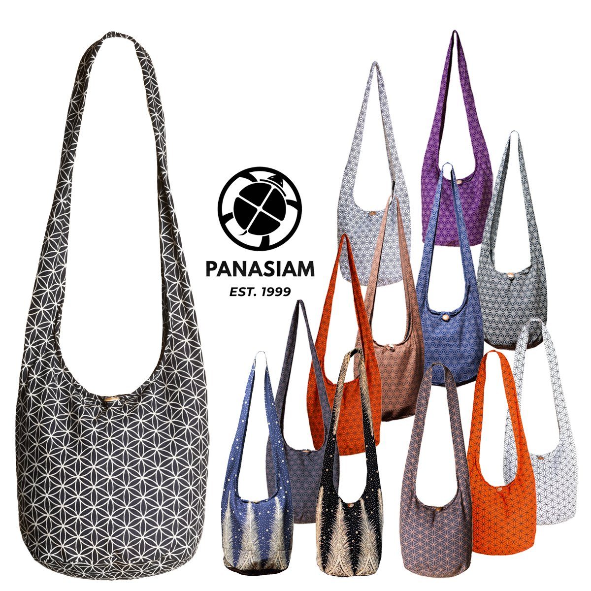 PANASIAM Schultertasche Geometrix geeignet 100% Wickeltasche 2 aus Größen schwarz Asanoha und Schulterbeutel als praktische Beuteltasche Baumwolle Umhängetasche, auch Handtasche In