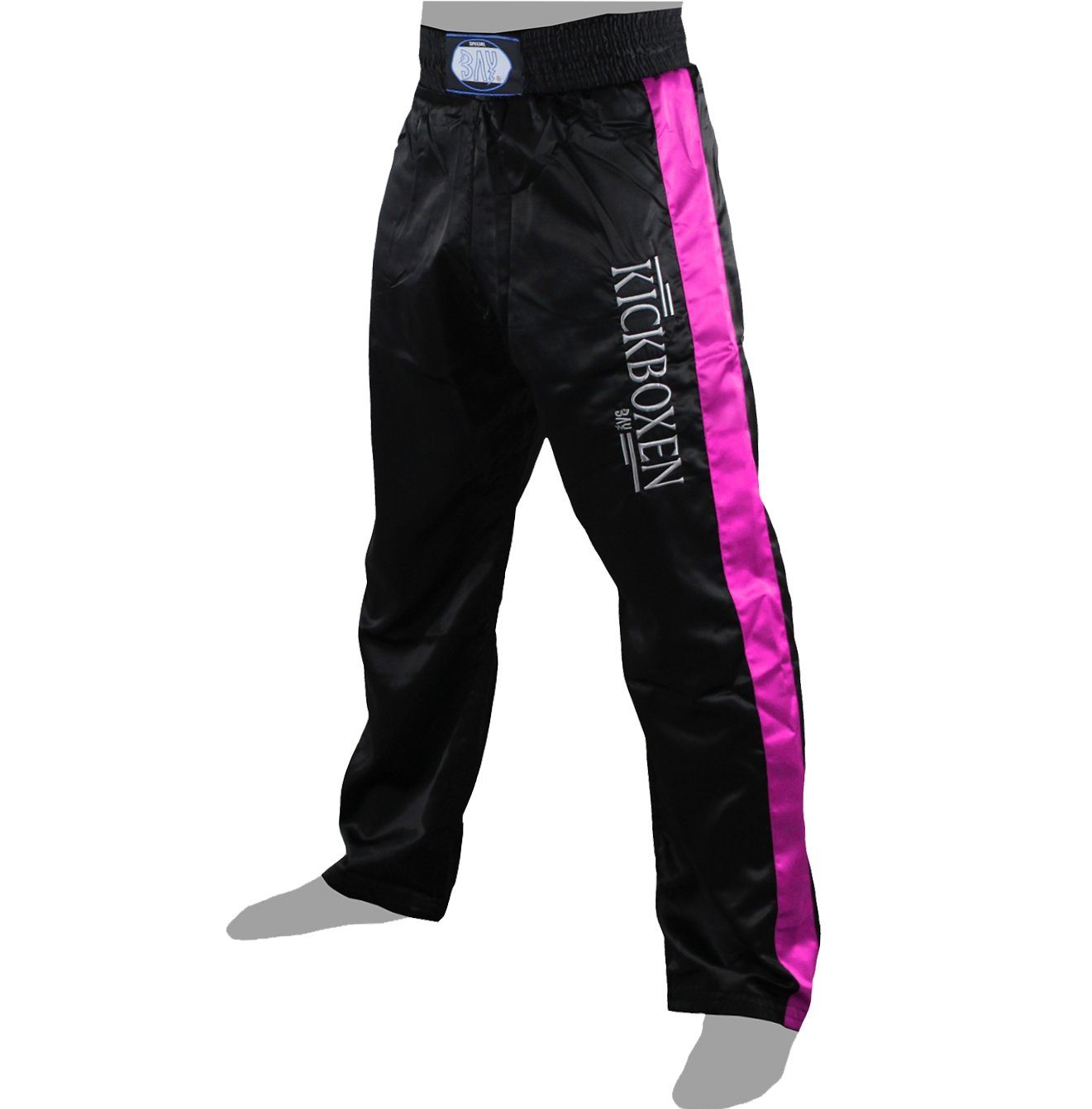 BAY-Sports Sporthose Stick Kickboxhose Hose lang Kickboxen schwarz pink Kick-Boxen Damen Edle Stickerei auf dem Oberschenkel