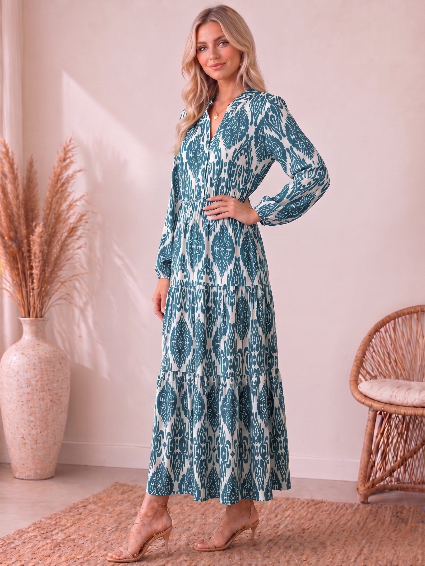 Kendindza Collection Maxikleid Sommerkleid Damen Lang Viskose Elegantes Sommer Kleid lang Maxi Kleid Ikat-Print Knopfleiste & Schnurbund, Luftig Leicht – Bild 3 von 4