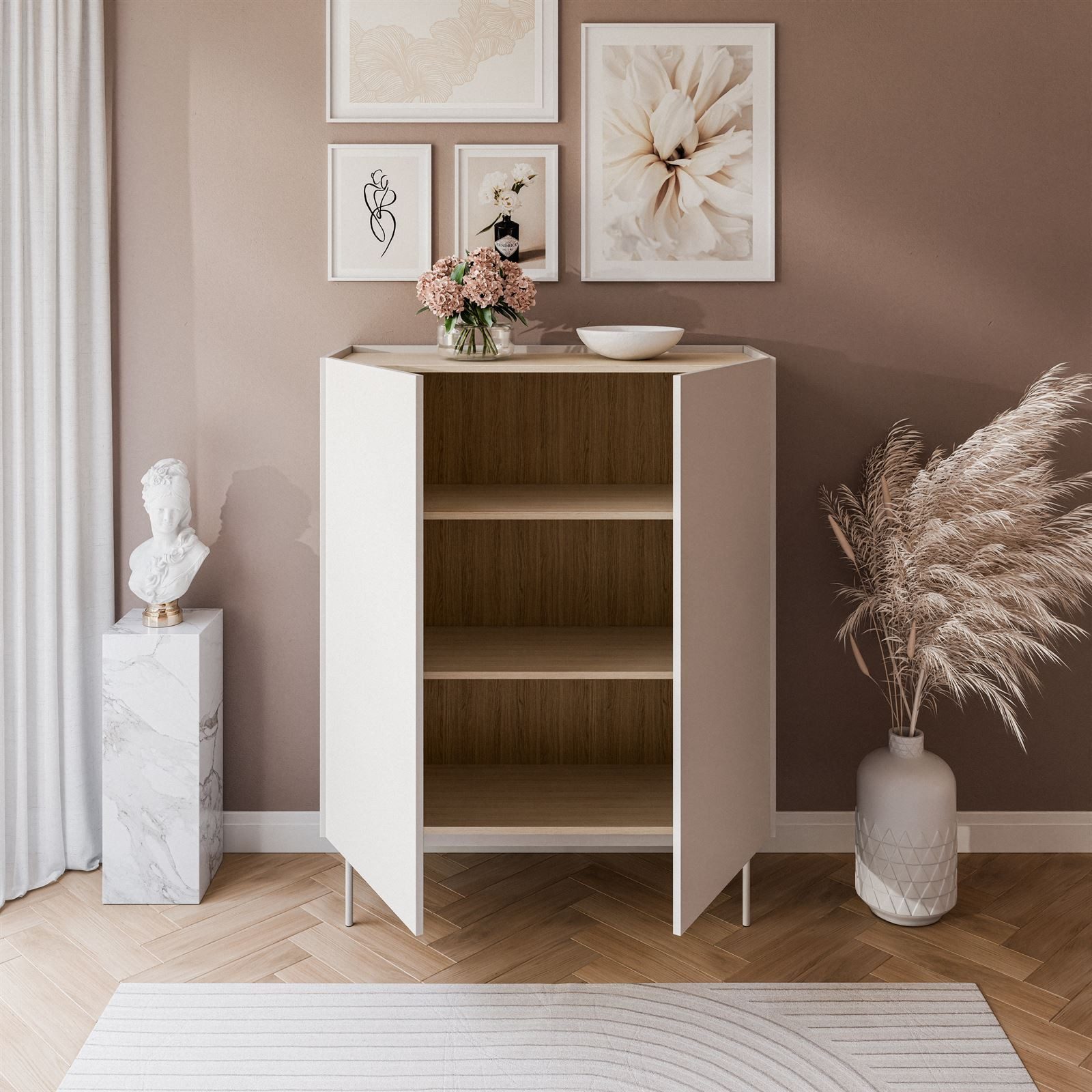 Lookway Hochkommode ESSENCE 2D KD97 mit Zweiflügelige Anrichte Kaschmir / Eiche Linea, 97x37x122 cm – Bild 4 von 5
