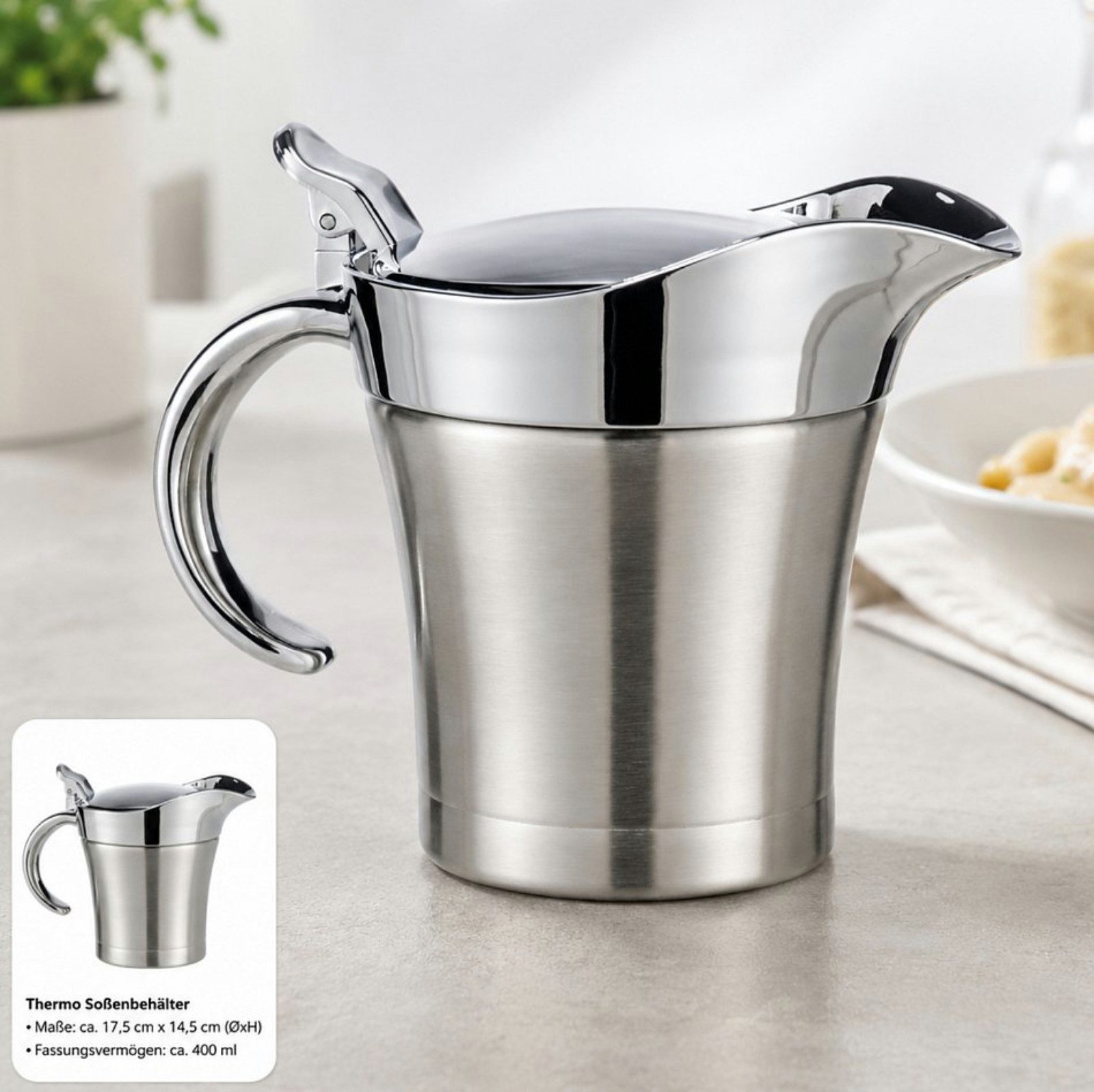 Haushalt International Sauciere Soßenbehälter Soßenkanne Edelstahl 400ml, Edelstahl, (Stück, 1-tlg), Doppelwandig, Einhand-Bedienung, Klappdeckel, Tragegriff