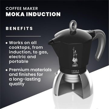 BIALETTI Espressokocher New Moka, 0,15l Kaffeekanne, aus Aluminium / Stahl, für vier Tassen, Kaffeemaschine, Kaffeekocher, für Induktions-, Gasherd, Elektroherd und Propan-Campingkocher geeignet, für Camping, Silber / Schwarz