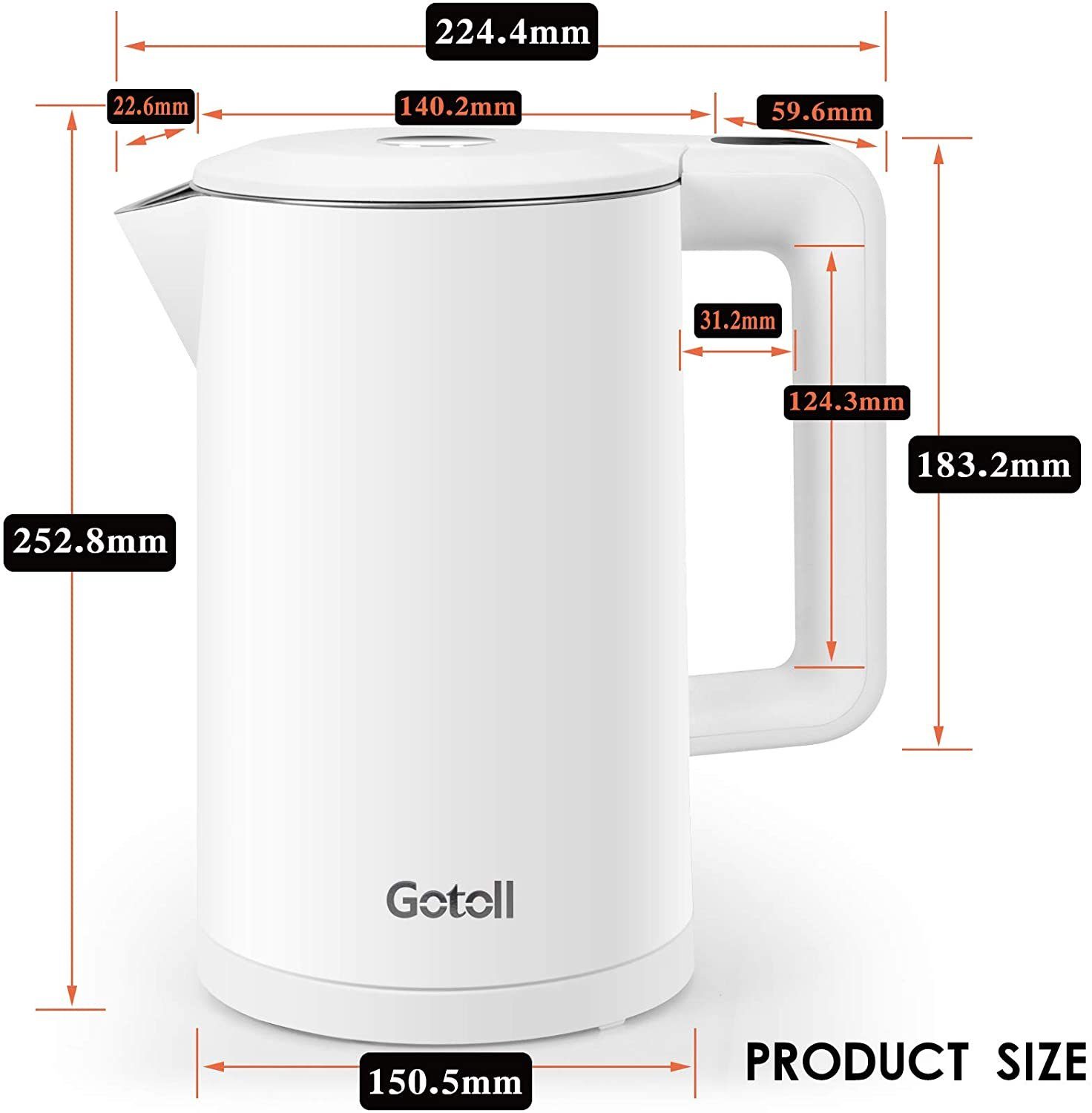 Gotoll Wasserkocher GL2818E, 1.7 l, Edelstahl 2200 W, Temperaturstufen, kochtrocknender