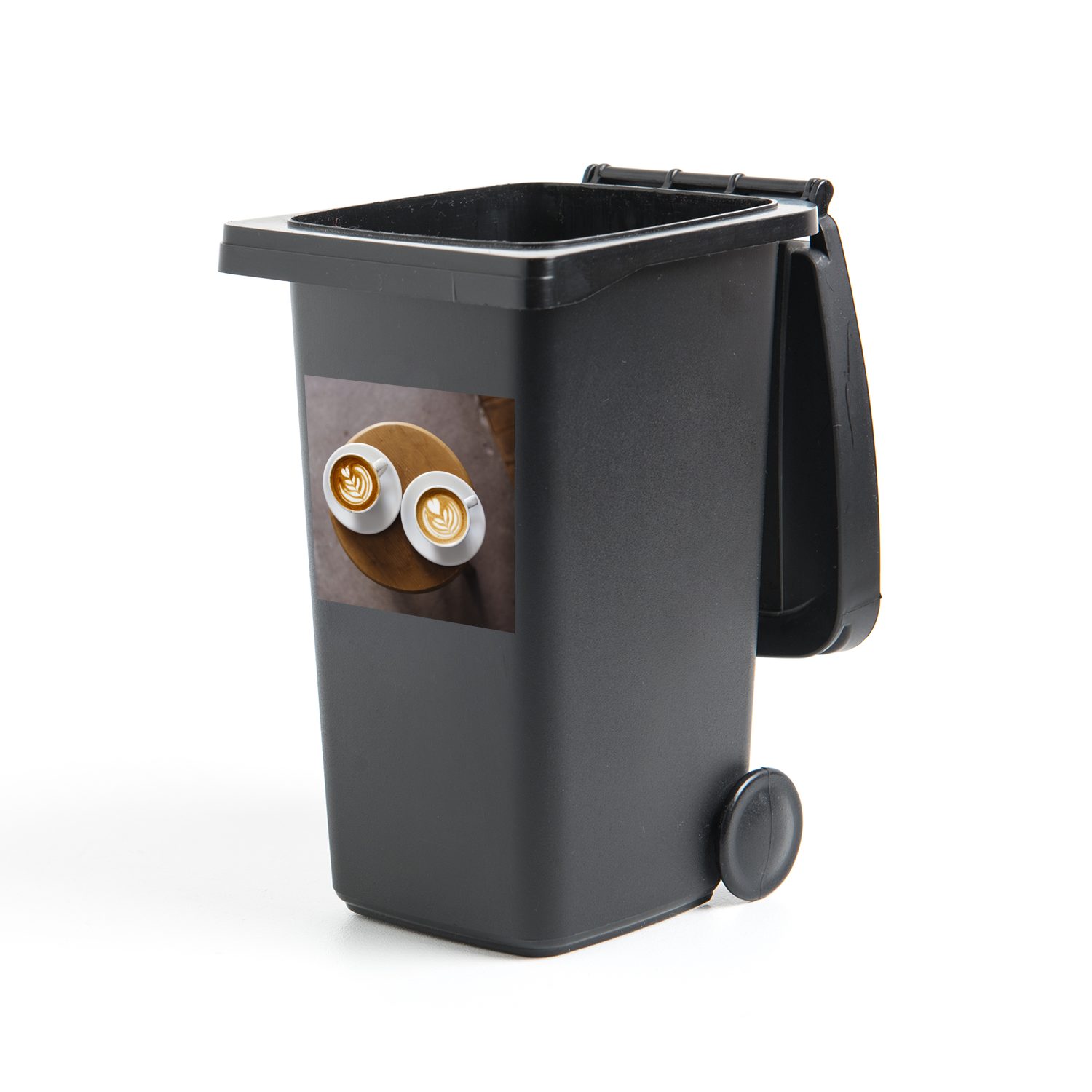 MuchoWow Wandsticker Zwei Kaffeetassen mit Latte Art werden von oben gezeigt (1 St), Mülleimer-aufkleber, Mülltonne, Sticker, Container, Abfalbehälter