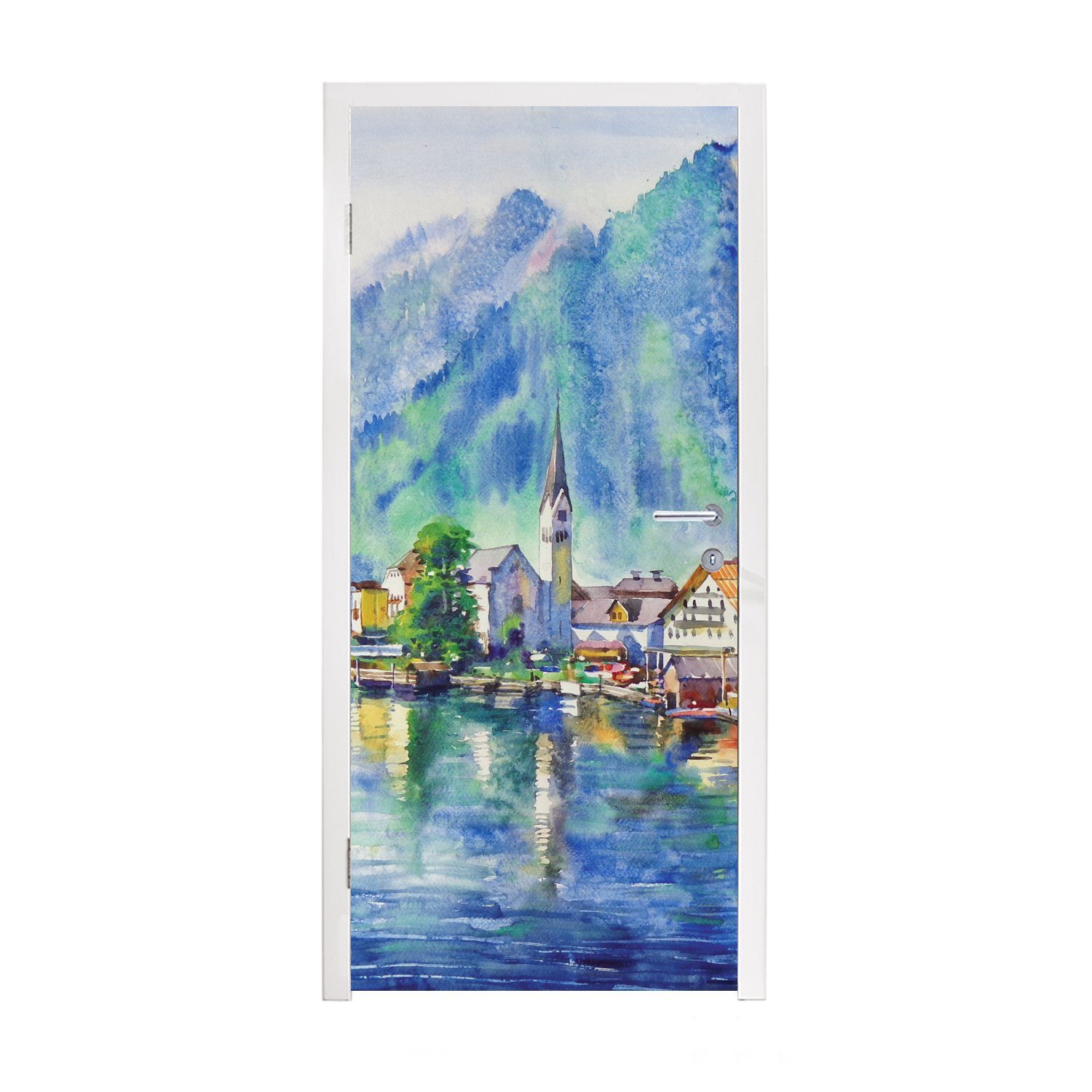 MuchoWow Türtapete Gemälde - Ölfarbe - Haus - Berge - Wasser, Matt, bedruckt, (1 St), Selbstklebende Tapete, Folie für Möbel, 75x205 cm