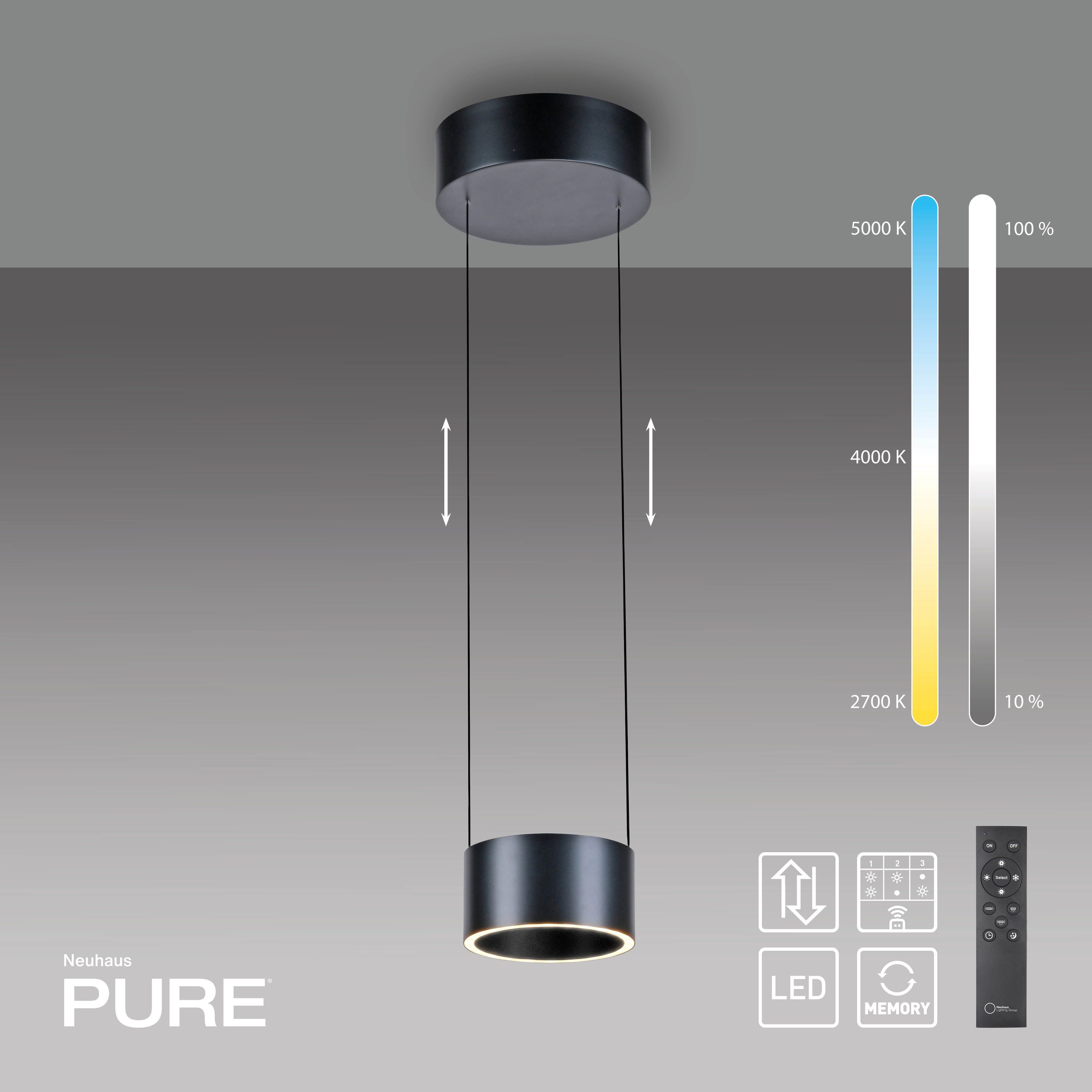 Neuhaus PURE LED Pendelleuchte PURE Clipse, CCT - über Fernbedienung, LED fest integriert, warmweiß - kaltweiß, Comfort Lift, CCT, dimmbar über Fernbedienung