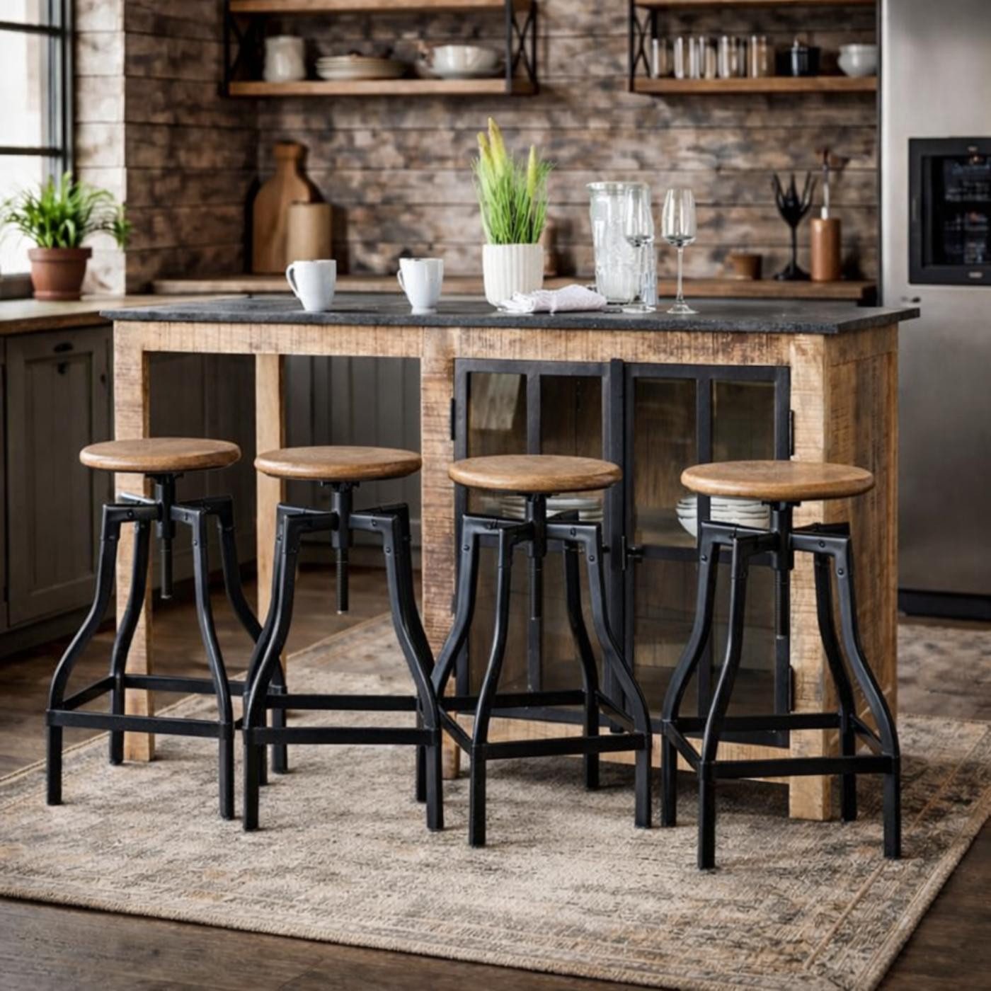 baario Sitzhocker Barhocker INDUS, höhenverstellbar Eisen & edles Mangoholz Industrial Design