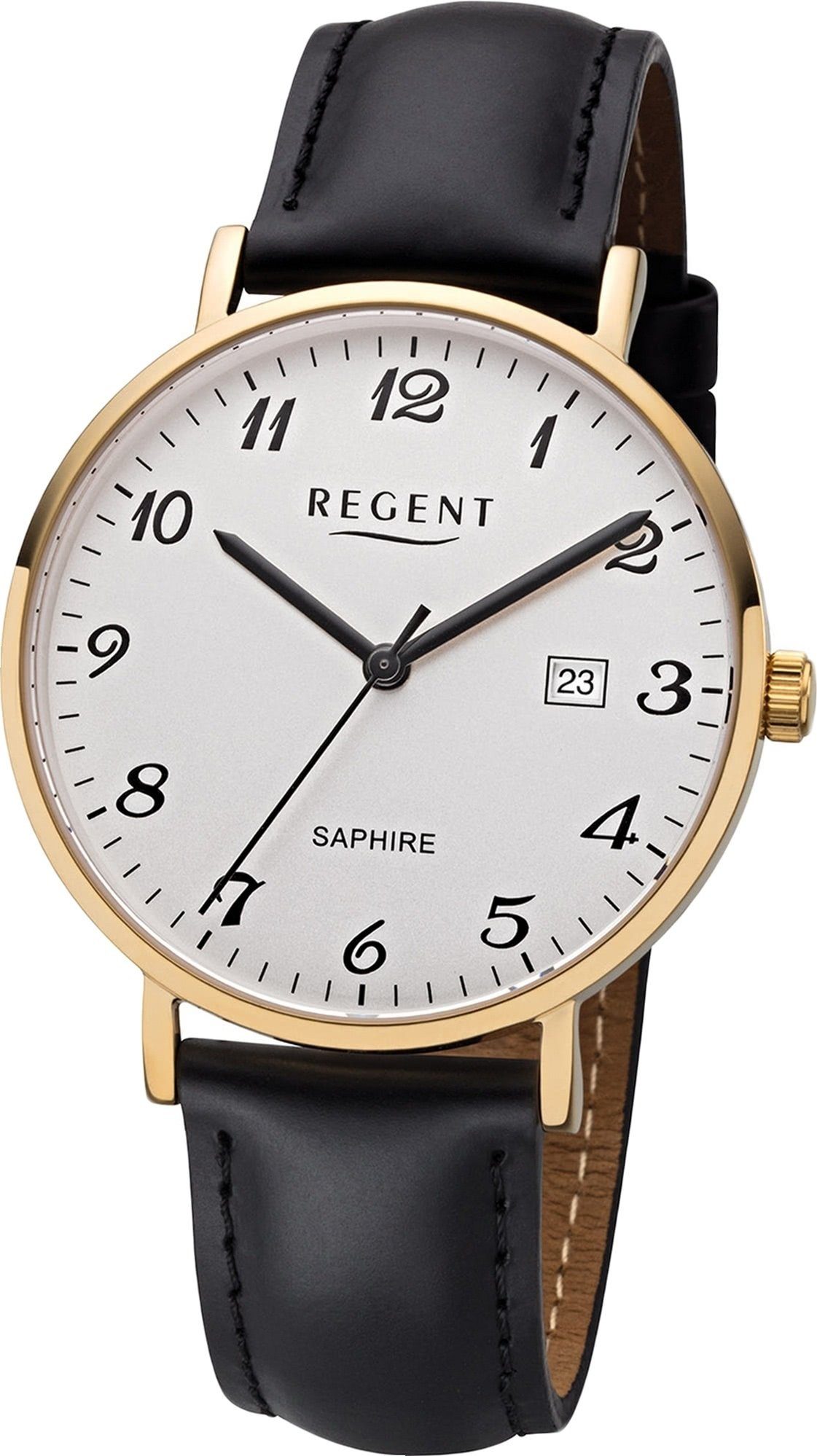 Regent Quarzuhr Regent Leder Herren Uhr F-1230 Analog, Herrenuhr Lederarmband schwarz, rundes Gehäuse, mittel (ca. 38mm)