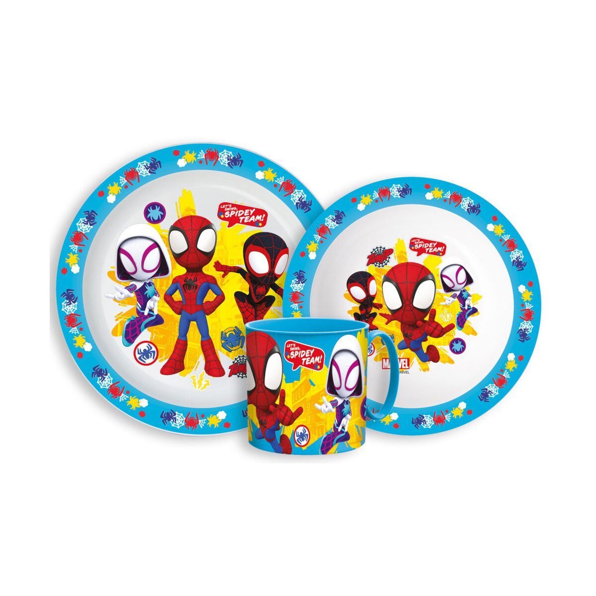 Spiderman Kindergeschirr-Set Spidey Geschirrset Mikro Kunststoff mit Becher 265ml