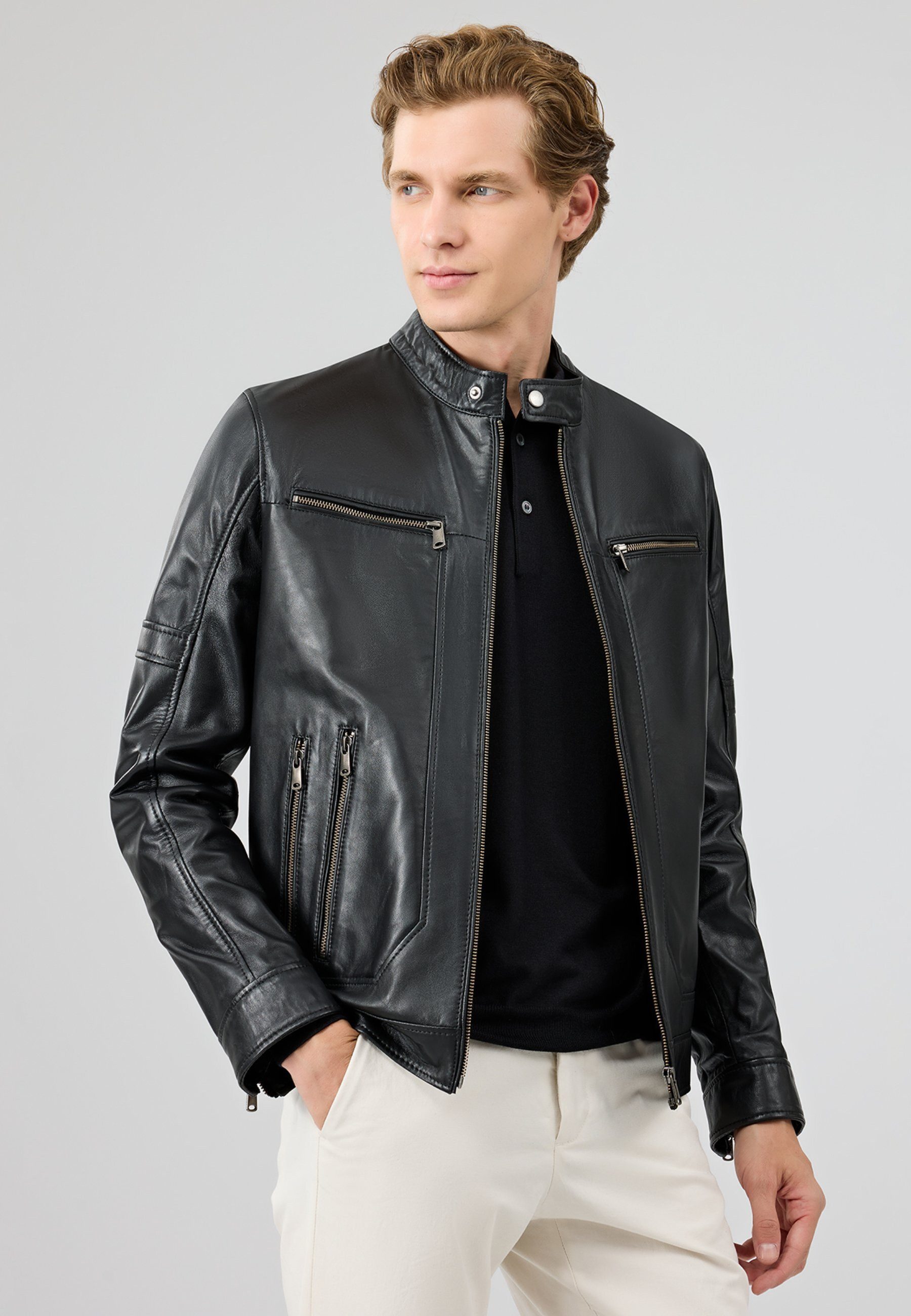 Derimod Lederjacke Patrick Lederjacke mit Stehkragen Regular Fit, Reißverschluss, Stehkragen, Kurz, Textilfutter