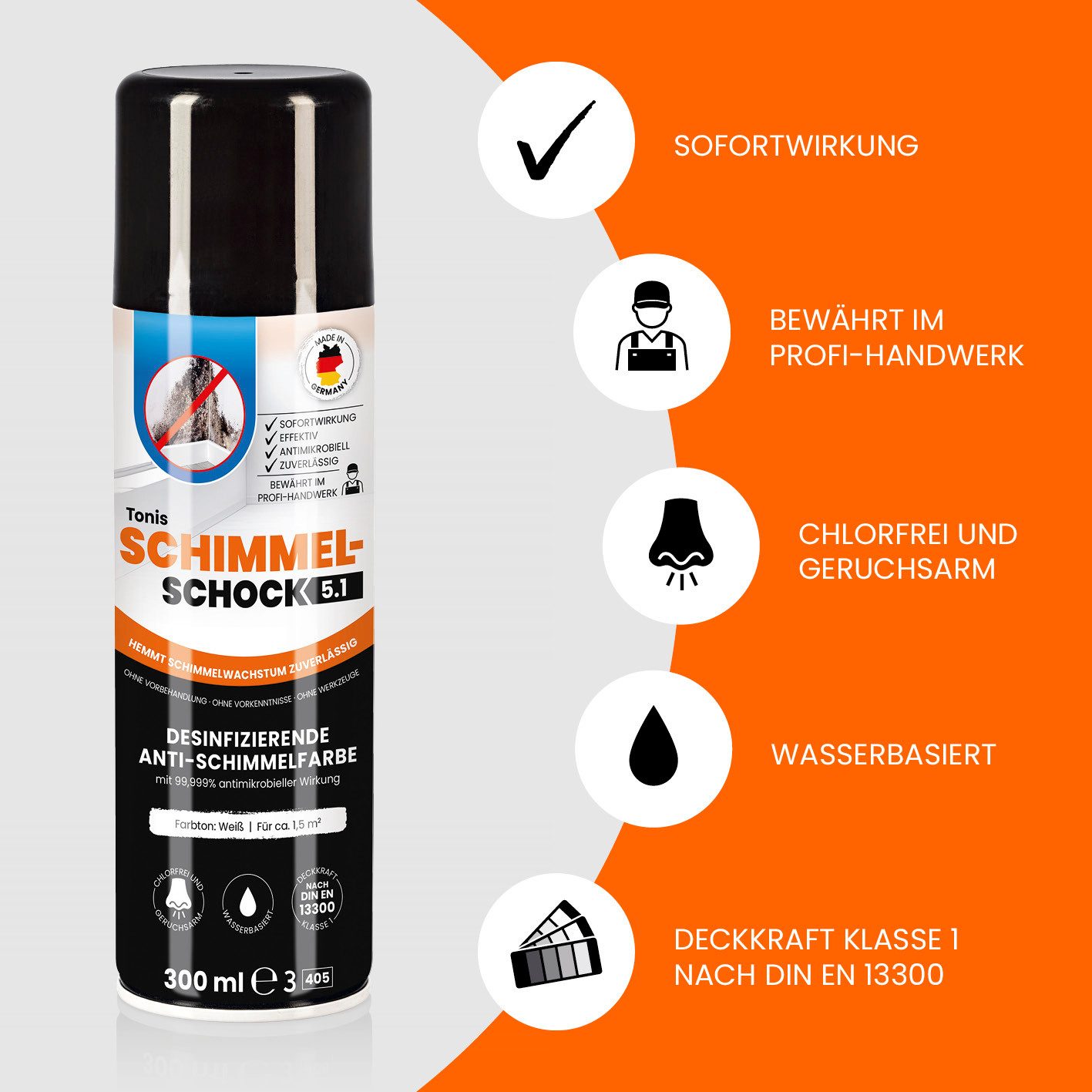 Tonis SCHIMMELSCHOCK Wandfarbe Anti-Schimmel-Sprühfarbe mit 99,999% antimikrobieller Wirkung, 300ml, Wissenschaftlich nachgewiesene Sofortwirkung, effektiv und  – Bild 3 von 5