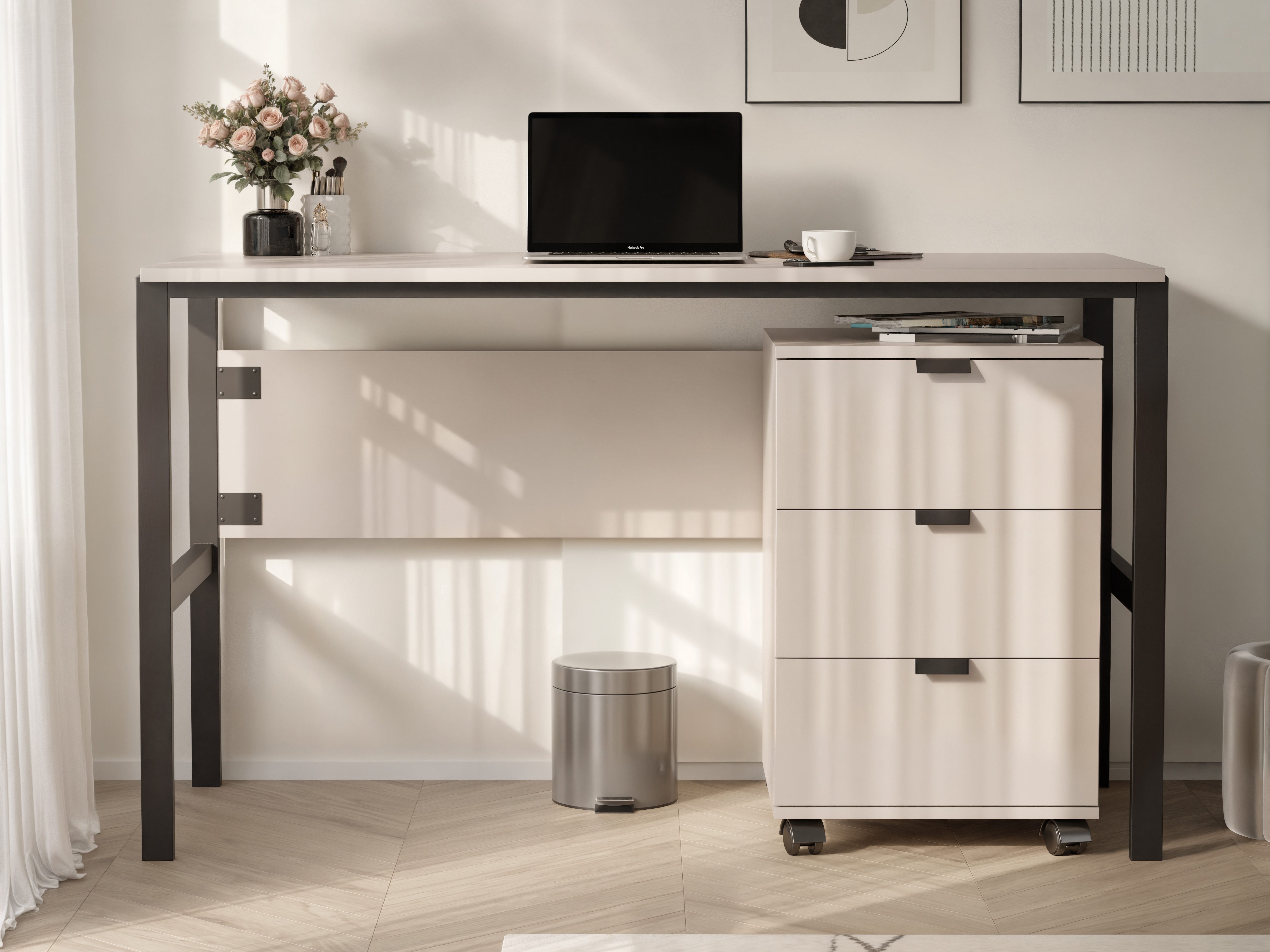 Beautysofa Schreibtisch CORTINA Bürotisch mit 3 Schubladen und Schubladencontainer, (Metallgriffen, Farbe Sandbeige), Breite: 128 cm