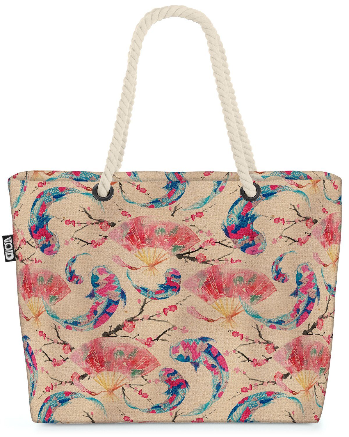 VOID Strandtasche (1-tlg), Asien Kois Fische Zeichnung See Teich Koi Becken Blumen rosa gartente