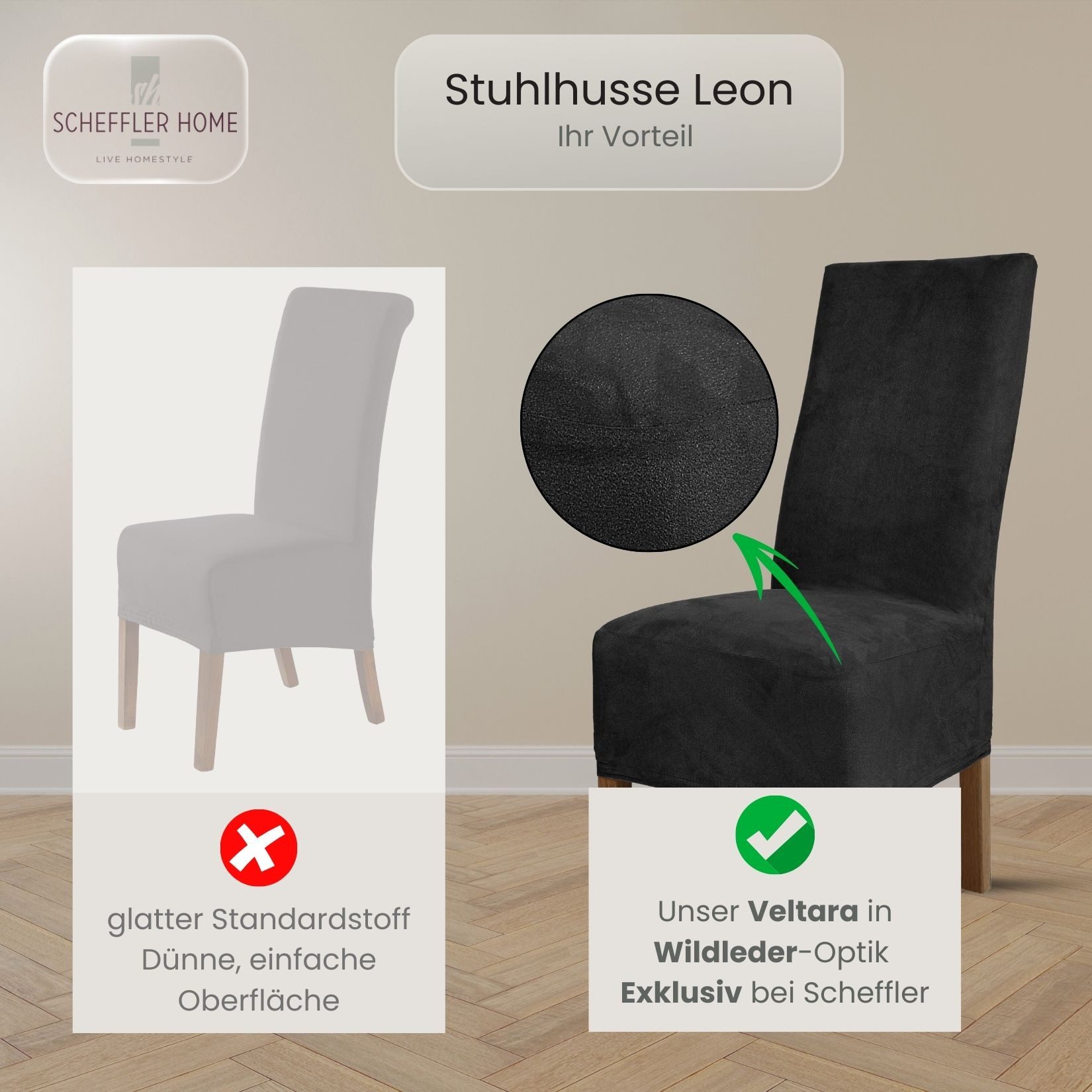 sh SCHEFFLER-HOME LIVE HOMESTYLE Stuhlhusse Leon Stoff Veltara, Premium-Microfaser Veltara in edler Wildleder-Optik – Bild 4 von 5