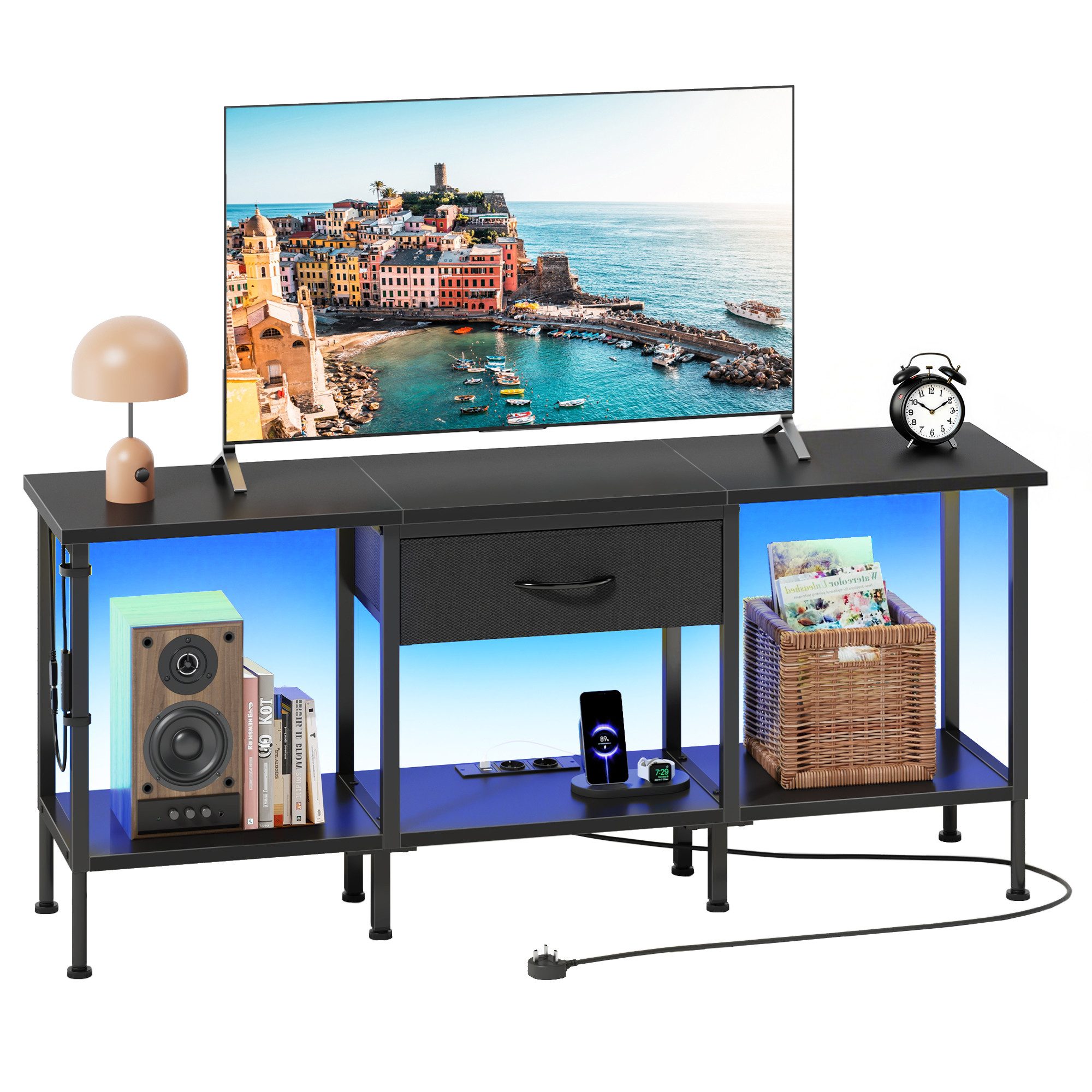 OYRREU TV-Board 120cm Fernsehschrank mit LED-Beleuchtung & Steckdosenleiste, App-gesteuerte Mehrfarben-LED-Beleuchtung