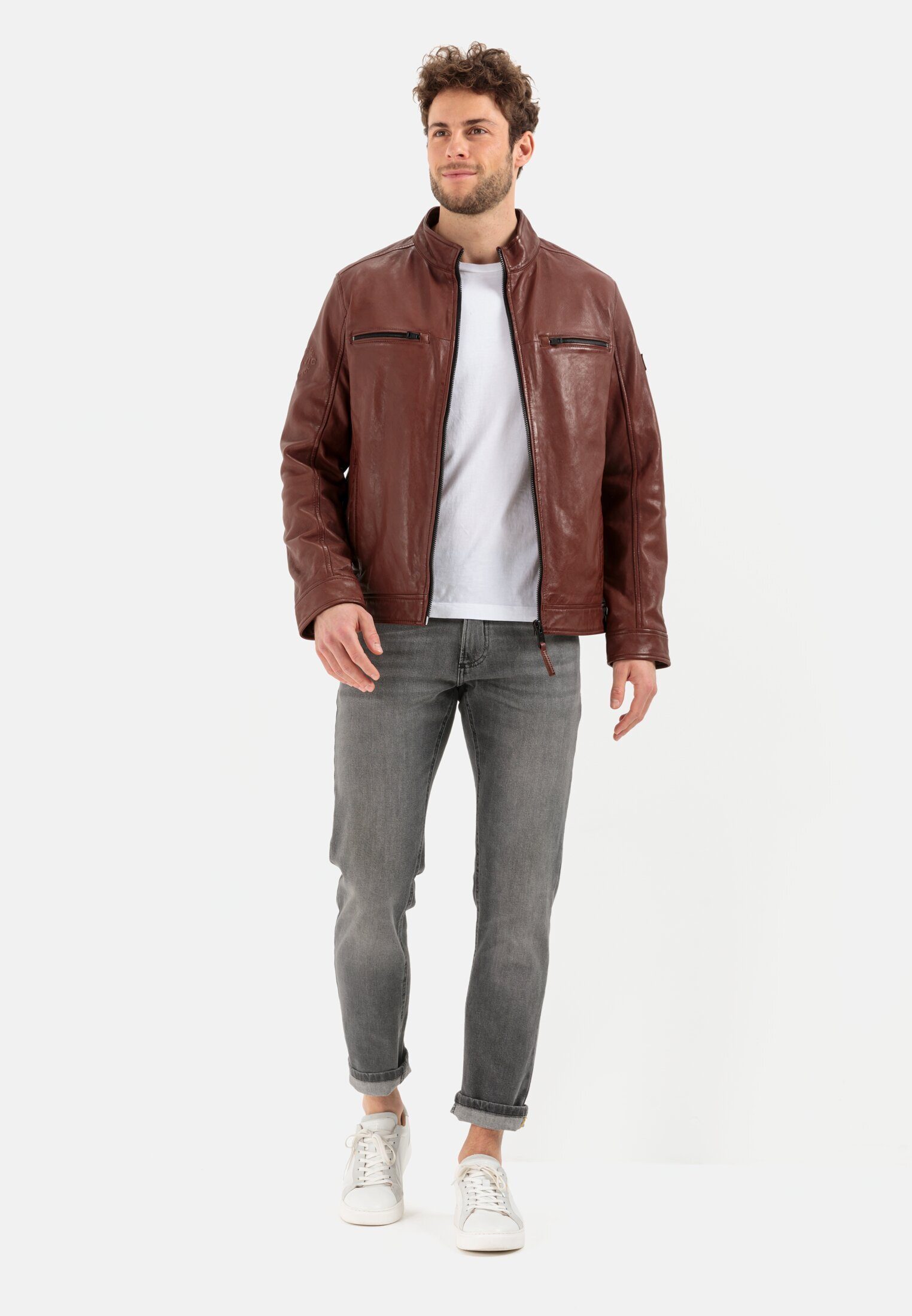 camel active Lederjacke mit Stehkragen Langarm