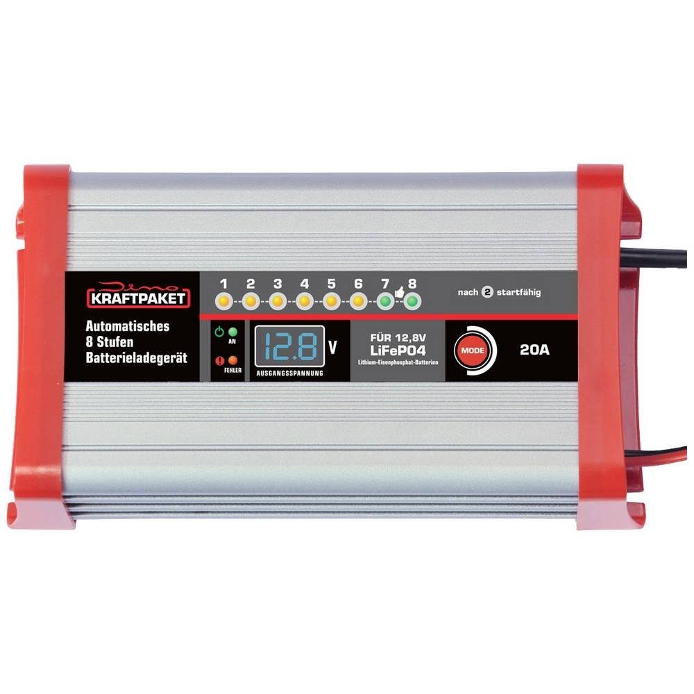 Dino KRAFTPAKET LifePo4-Lader 12.8V-20A 136342 Autobatterie-Ladegerät (Ladeüberwachung, Ladungserhaltung, verschiedene Ladeprogramme)