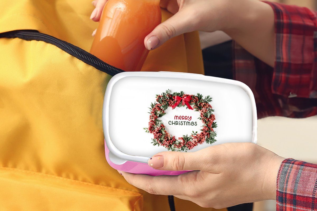 Brotbox Erwachsene, - Winter Mistelzweig Kinder, Brotdose für Lunchbox MuchoWow rosa Snackbox, (2-tlg), Kunststoff, Kunststoff Mädchen, Weihnachtskranz, -