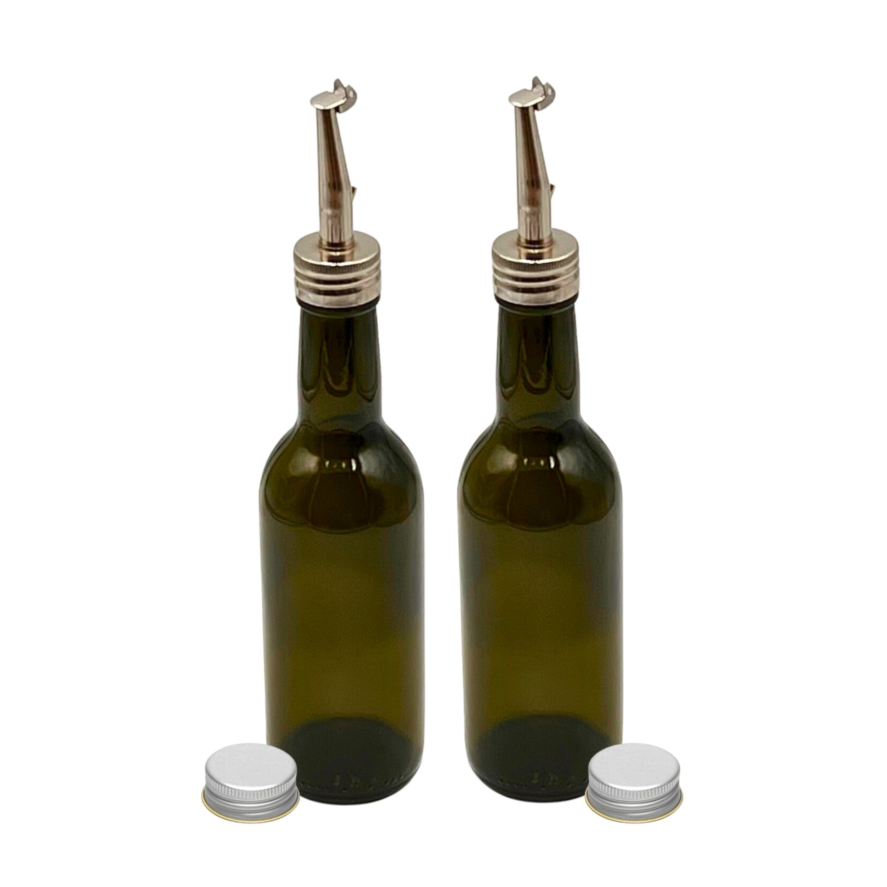 Ölausgießer 2 Ölflaschen 250 ml mit Ausgießer Glasflasche braun/grün