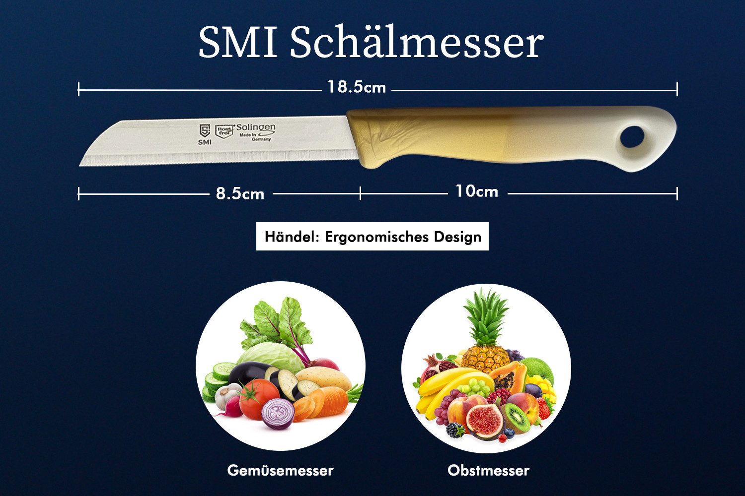 SMI Gemüsemesser 6-tlg Solingen Schälmesser Gemüsemesser Set Obstmesser Küchenmesser, Klinge mit Wellenschliff