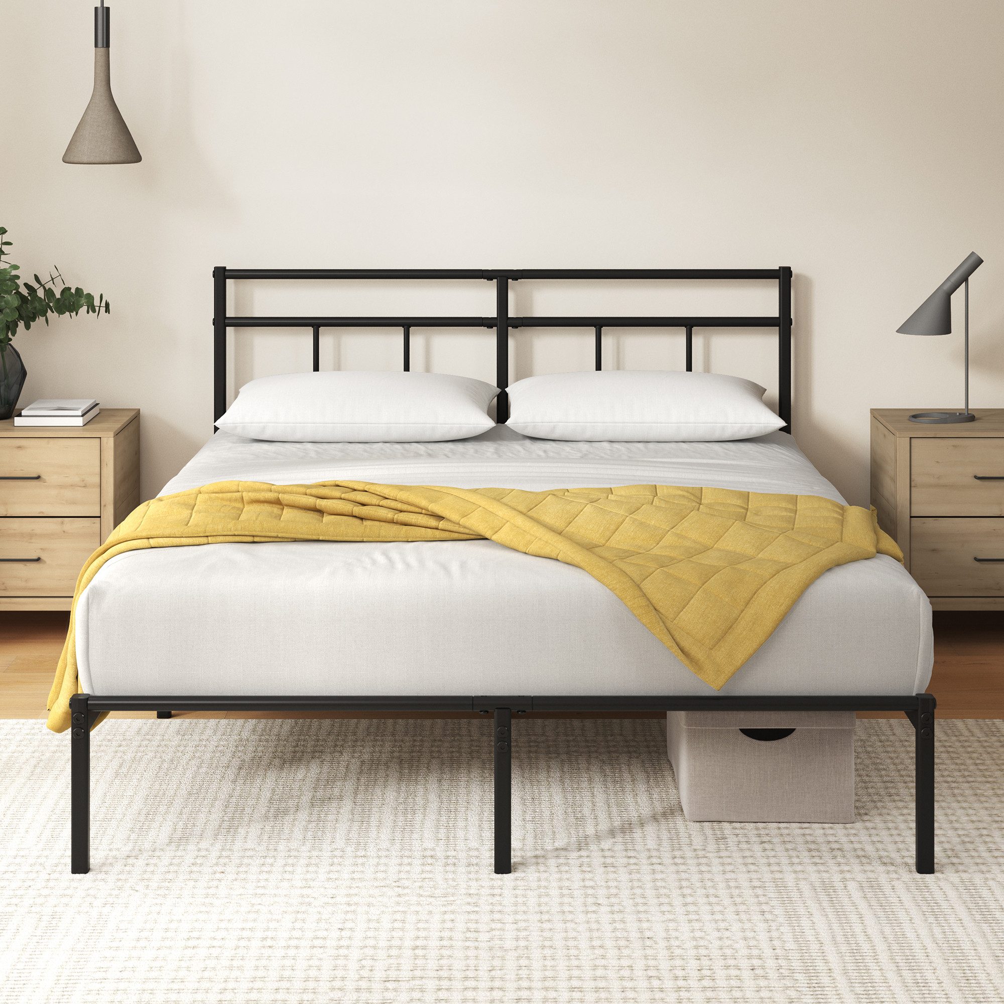 ZINUS Bettgestell Florence Square mit Kopfteil (Schwarz, 140x200 cm), Doppel/Einzelbett
