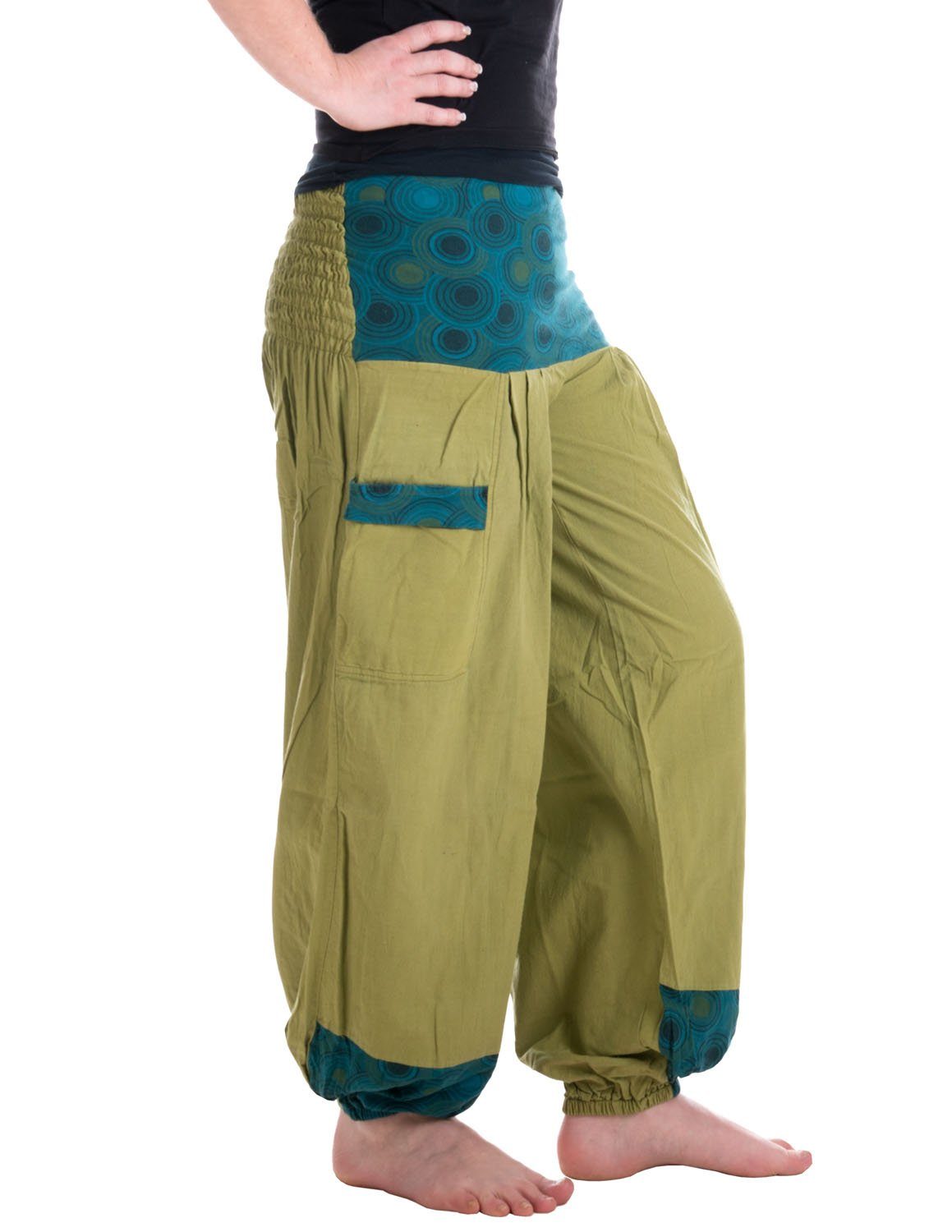 Vishes Haremshose aus Kurzg Pumphise, Pluderhose, elastischem Hosentaschen Baumwolle olive farbiger, Sommerhose Bund Hose Chino