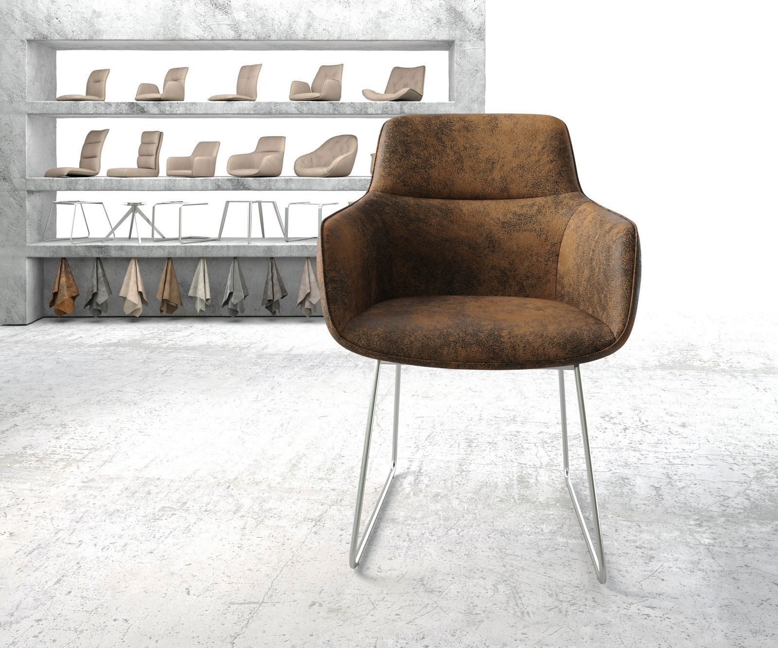 DELIFE Polsterstuhl Pejo-Flex, Kufengestell Edelstahl Braun Antik