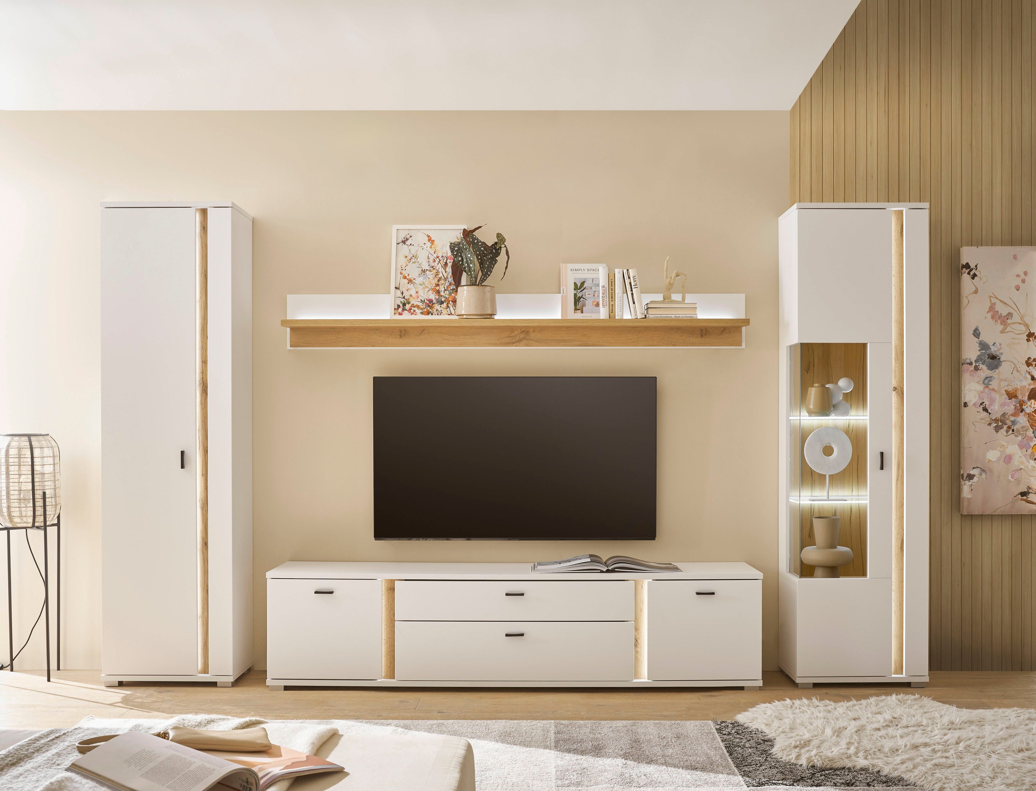 Home affaire Wohnwand LONG ISLAND, (Set, 4-St), in moderner Trendfarbe,inklusive senkrechter Beleuchtung,Breite 330 cm