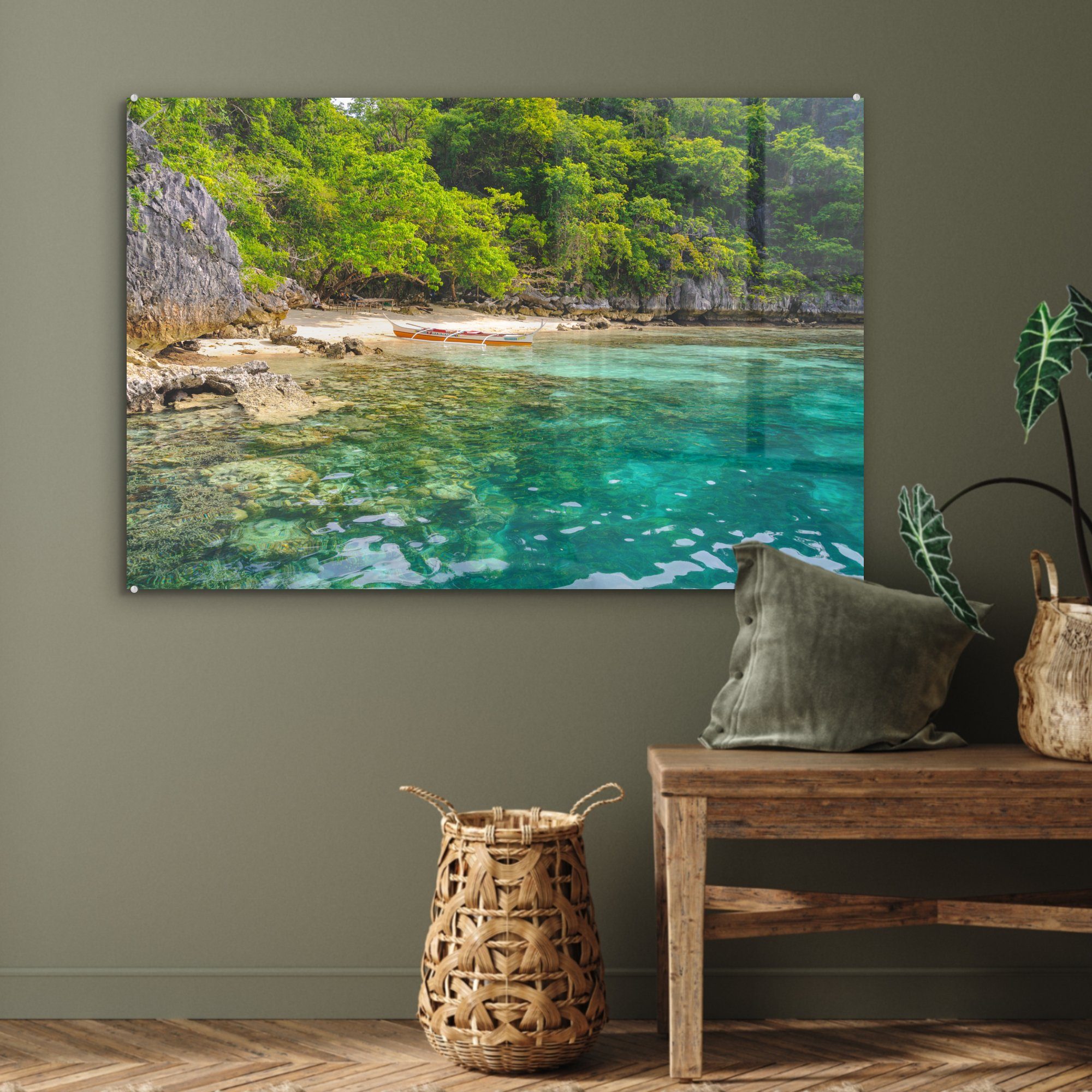 Acrylglasbilder Meerwasser auf Schlafzimmer & der Ein herrlich Strand MuchoWow St), Acrylglasbild grünem (1 mit Wohnzimmer Coron, Insel