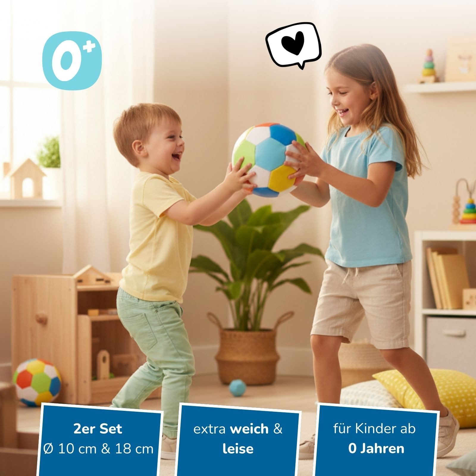 alldoro Softball Set, 2 weiche Bälle für Kinder ab 0 Jahre, bunt, Ø 10 + 18 cm, Kinderbälle, extra weich und leicht, Ballspiele für drinnen & draußen