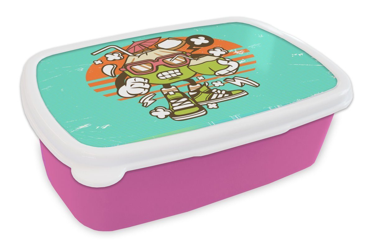 MuchoWow Lunchbox Kokosnuss - Sonnenbrille - Retro, Kunststoff, (2-tlg), Brotbox für Erwachsene, Brotdose Kinder, Snackbox, Mädchen, Kunststoff rosa
