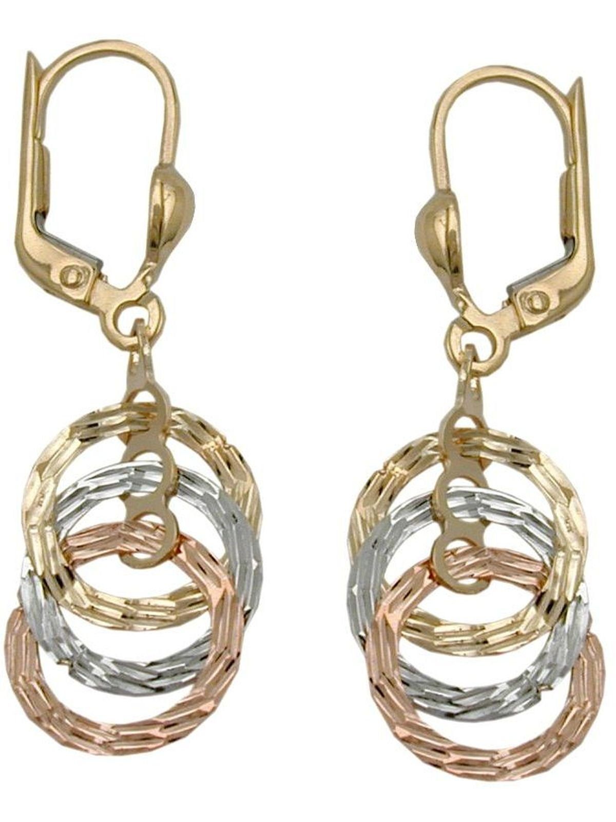 Gallay Paar Ohrhänger (1-tlg) 34x10mm Kreise Ohrringe tricolor 3 diamantiert Ohrhänger GOLD 9Kt