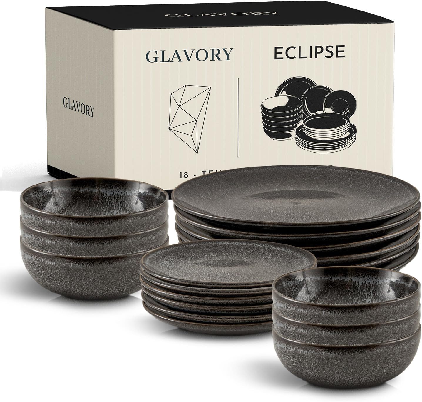 Glavory Geschirr-Set Eclipse - Steingut Geschirr Set - 18-teilig für 6 Personen Тарелки Set, 6 Personen, spülmaschinenfest und mikrowellengeeignet, Geschenkverpackung