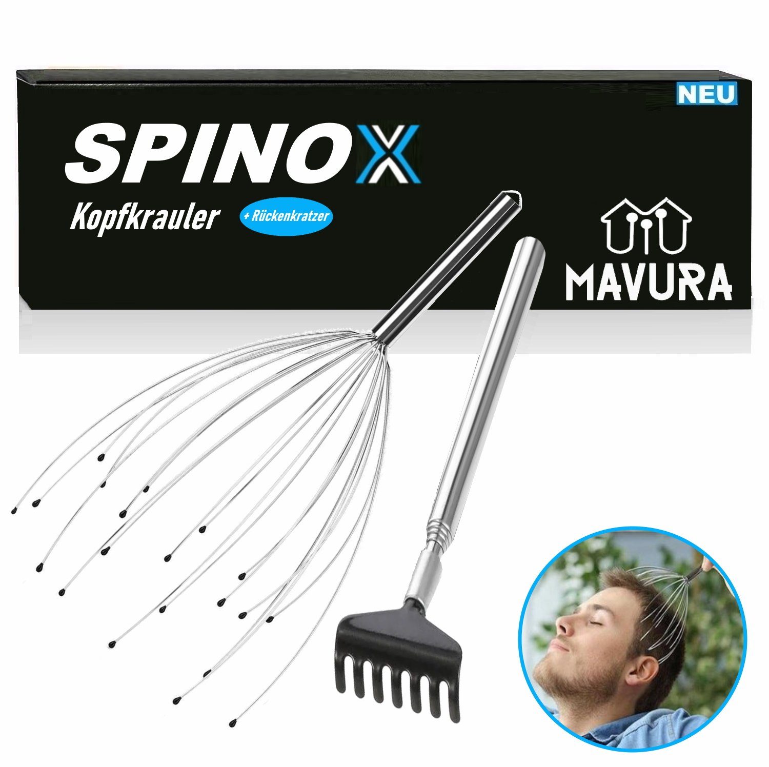 MAVURA Massagegerät SPINOX Kopfmassagegerät Kopfkrauler Spinne Kopfmassage, Kopf Massage Kopfkralle Krauler, + Gratis Rückenkratzer [2teilig] [DAS ORIGINAL]