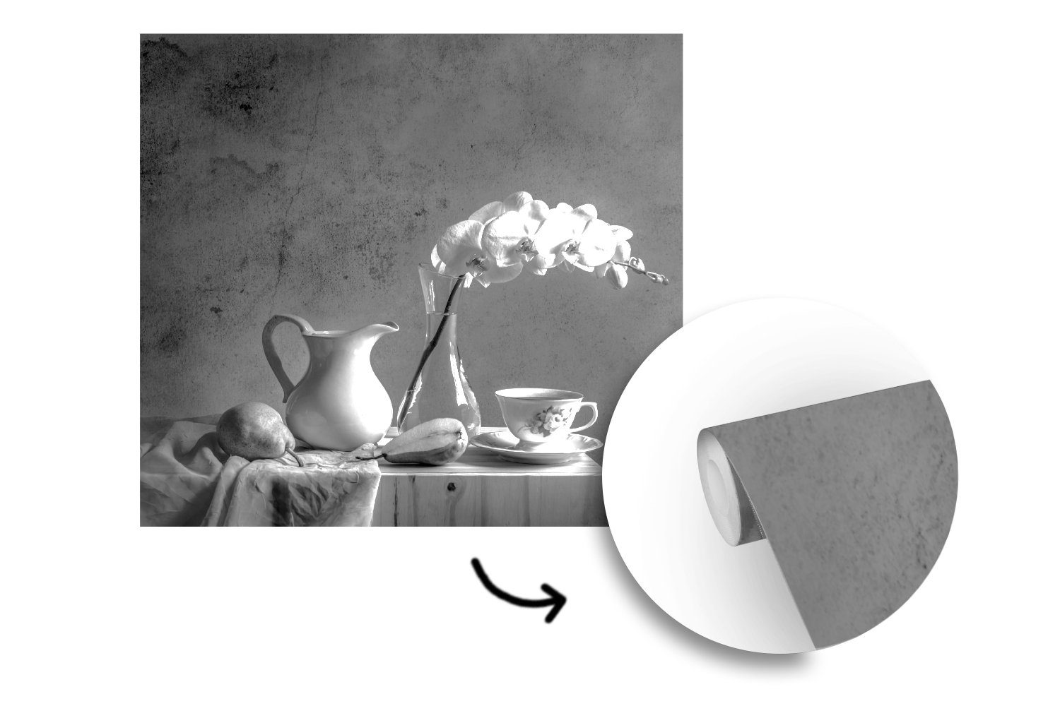Küche, MuchoWow Weiß, Schwarz - - Fototapete St), Vliestapete für - Wohnzimmer Stilleben (4 Matt, Schlafzimmer bedruckt, Tisch Fototapete