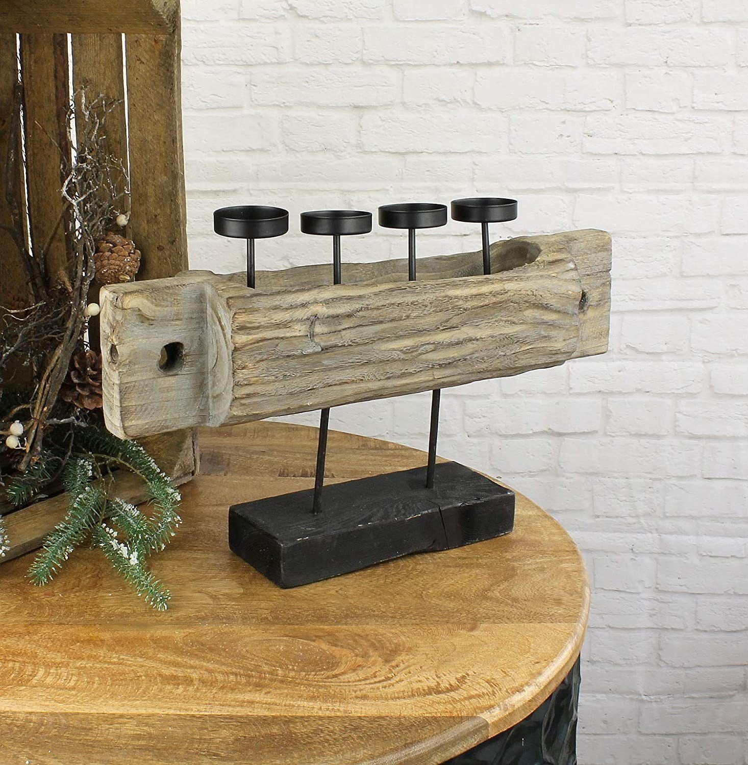 Macosa Home Adventskranz Advents-Kerzenständer aus massivem Holz 51 cm mit 4 Kerzen-Haltern, Metall Advents-Deko Tischdeko Design