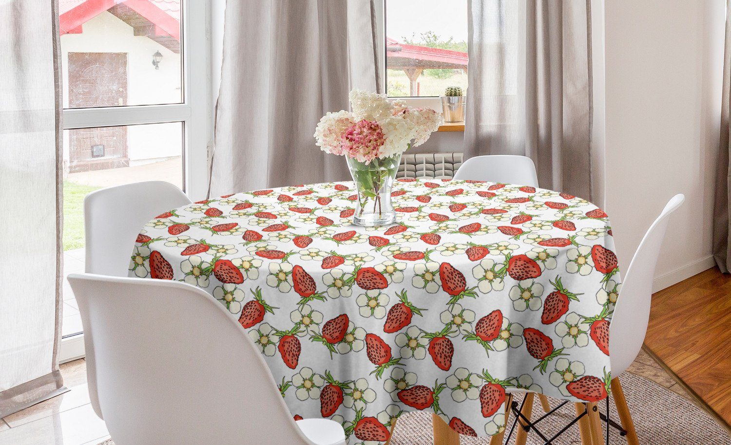 Abakuhaus Tischdecke Kreis Tischdecke Abdeckung für Esszimmer Küche Dekoration, Erdbeere Berry Blüten Sommer