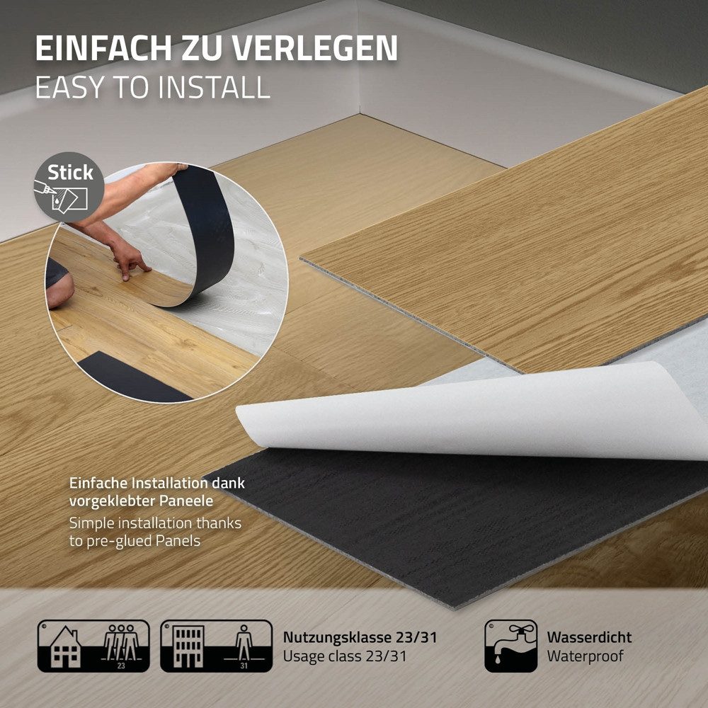 ML-DESIGN Vinylboden PVC Bodenbelag selbstklebend Klebefliesen Boden in Holzoptik 2mm Dicke, Bodenfliesen Klebevinyl wasserdicht 8,92m² / 64 Dielen Eiche Dekor – Bild 5 von 5