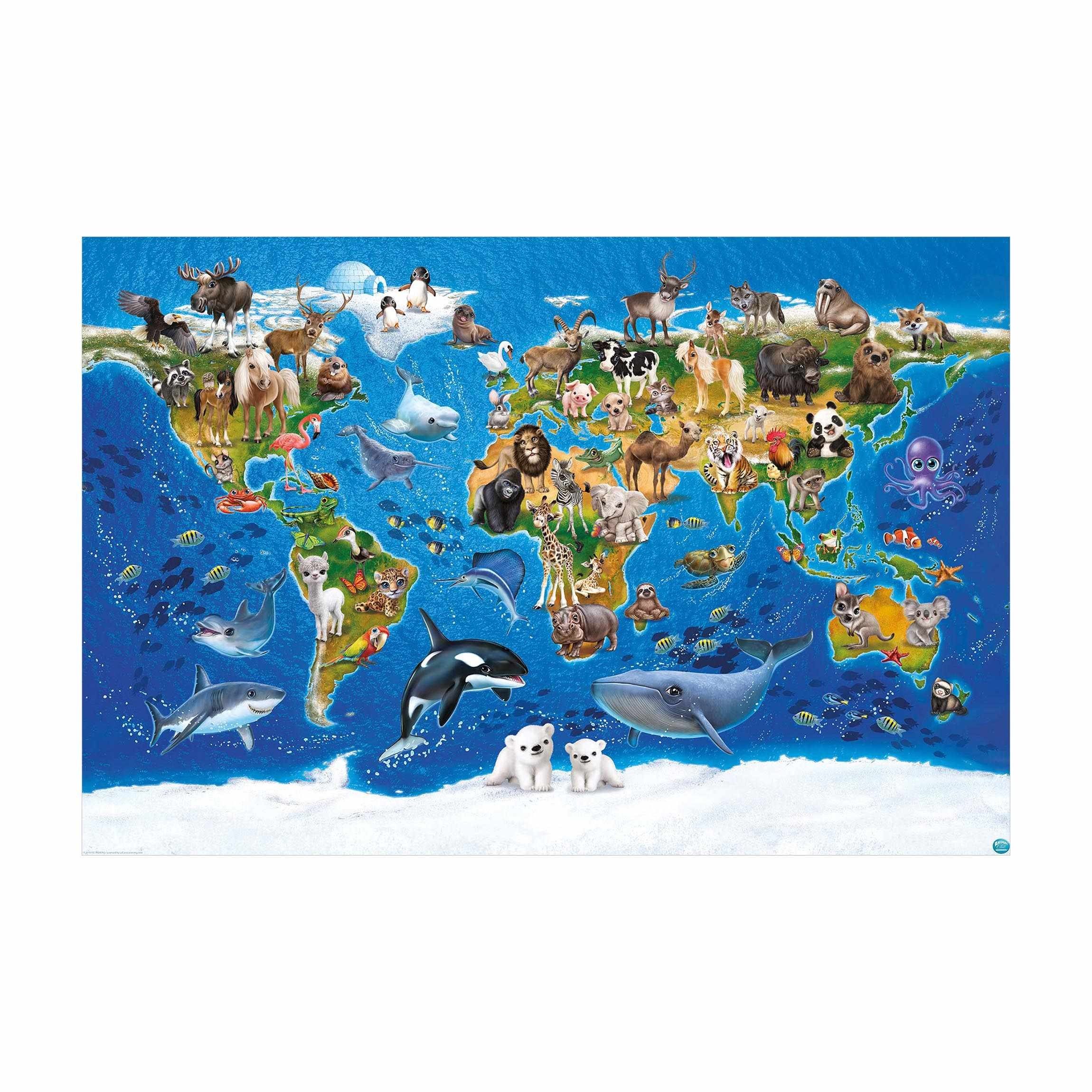 Bilderdepot24 Teppich Vinyl Kinderzimmer Tiere Weltkarte Mädchen Jungen, rechteckig - bunt glatt, nass wischbar (Saft, Tierhaare) - Saugroboter & Bodenheizung geeignet