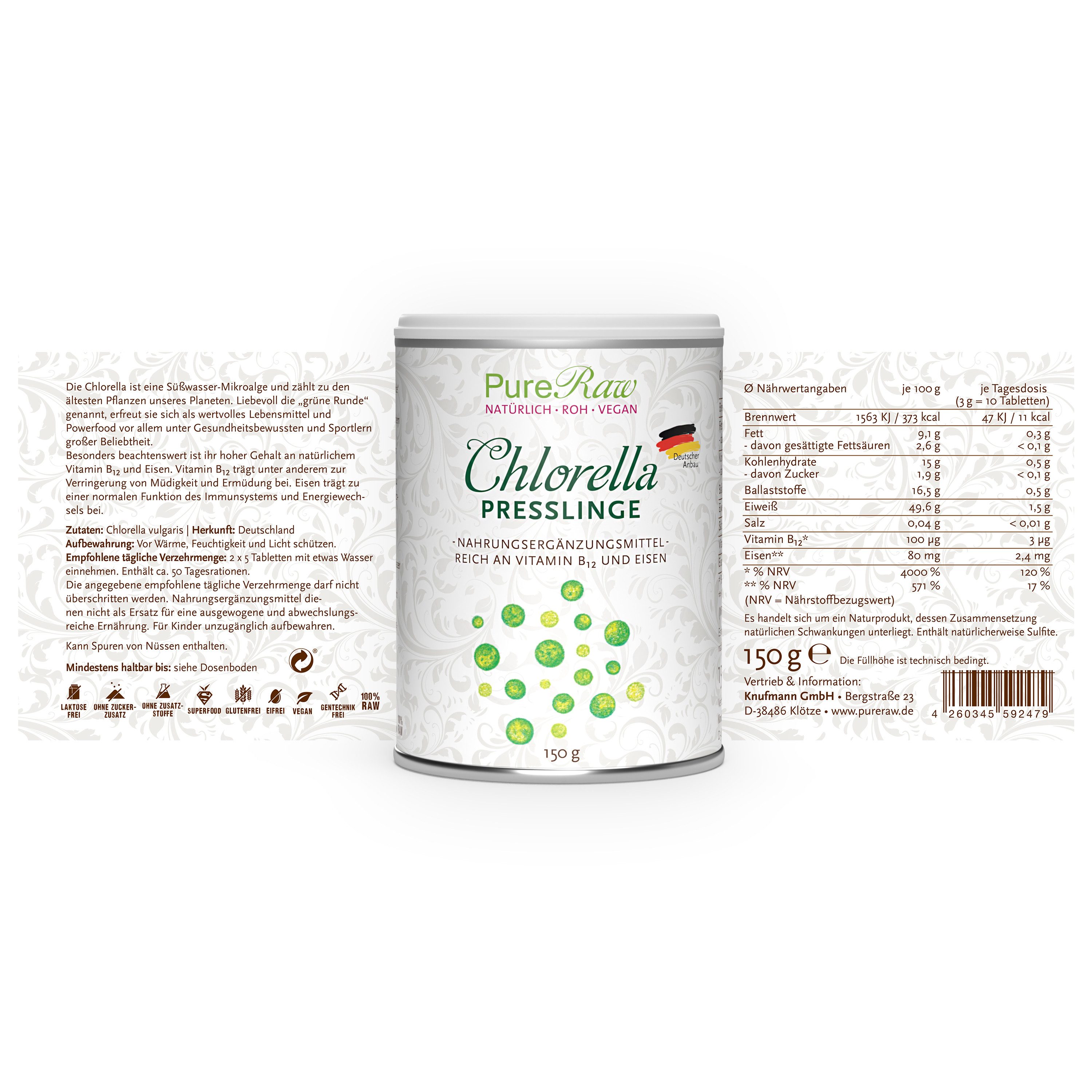 PureRaw Chlorella Vulgaris Tabletten 1 kg – Roh Vegan, Deutschland Tabletten, 150 g
