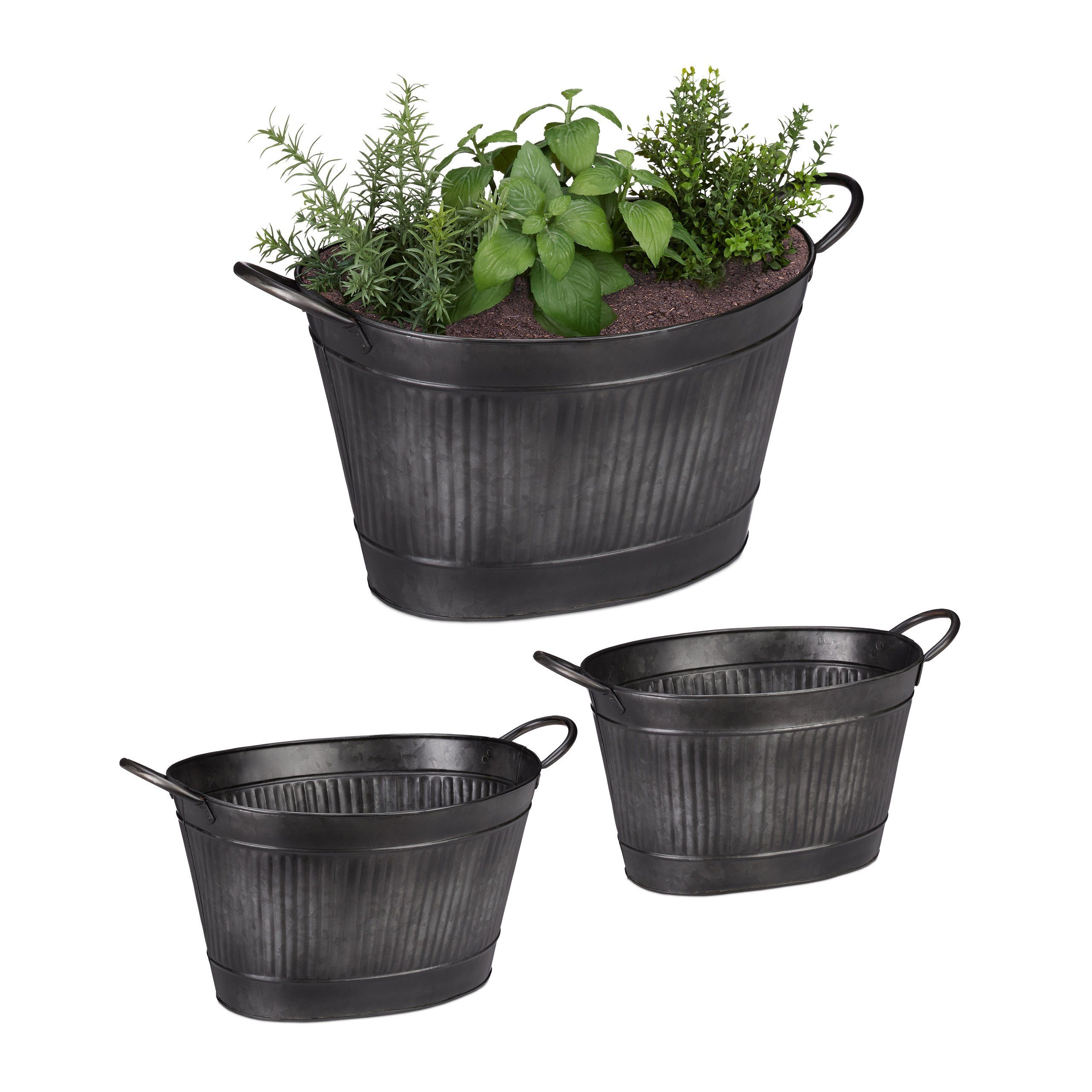 Relaxdays Metallwanne 3er Set Vintage - 12, 18 & 22 Liter, Oval Mit Griff, Wasserdicht