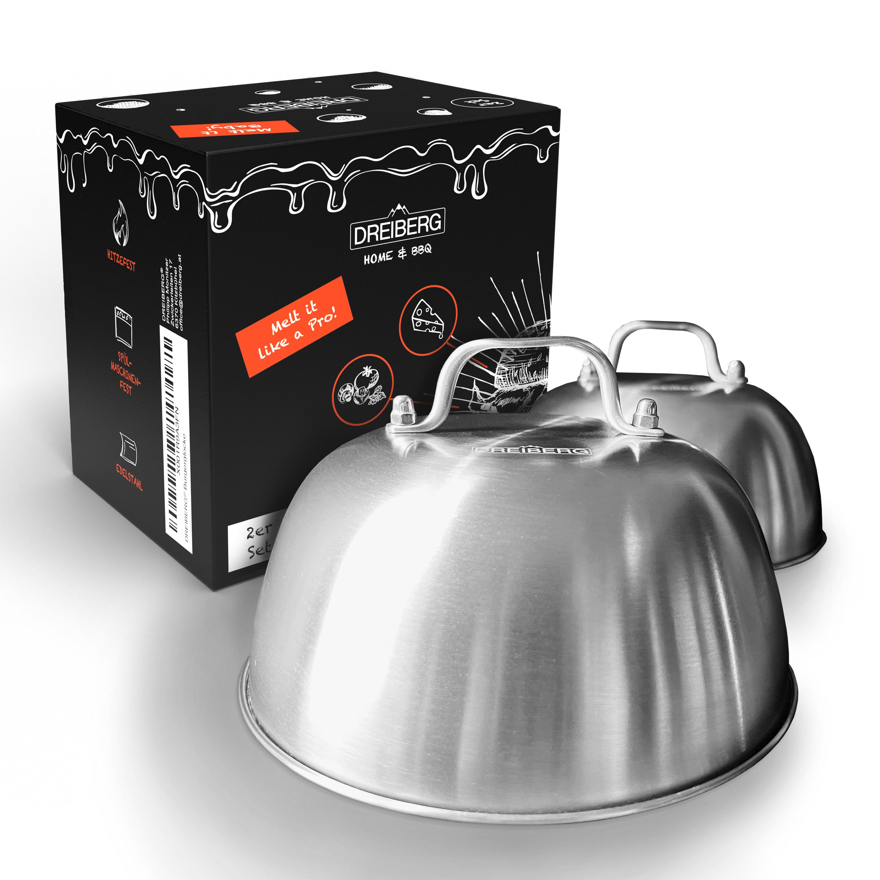 Grillschale DREIBERG® 2er Set – Edelstahl Schmelzglocke Abdeckhaube für Grill