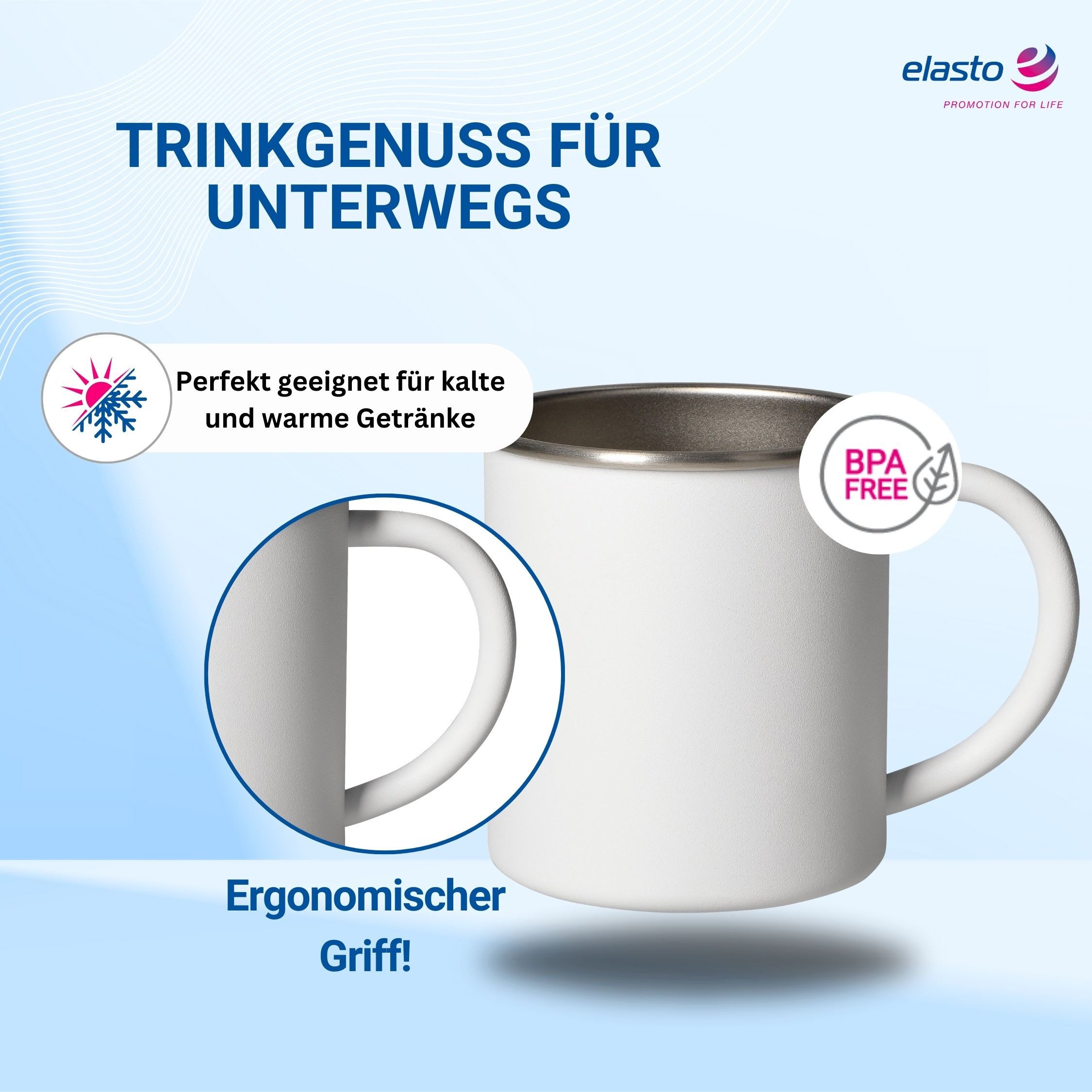 elasto Becher ADVENTURA Outdoor Trinkbecher aus Edelstahl 340ml BPA-frei, Kaffeebecher, Teetasse, camping Zubehör, Becher mit Henkel, robust