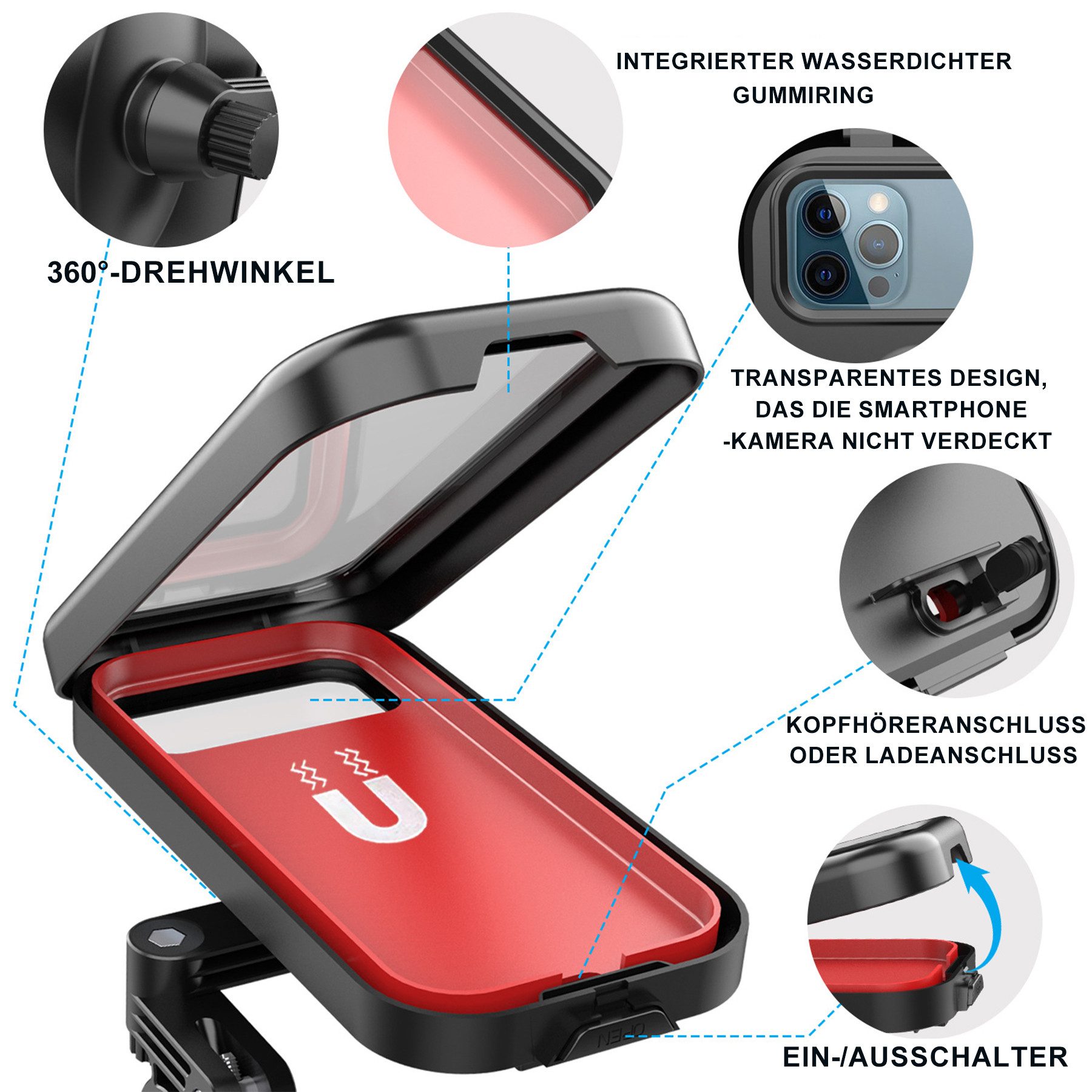 Mutig Handy-Halterung wasserdichte Motorrad Telefon Halterung Fahrrad Telefonhalterung, (bis 6.8 Zoll, 360° Drehbarer Handyhalter Universal-Lenkerinstallation,  – Bild 5 von 5