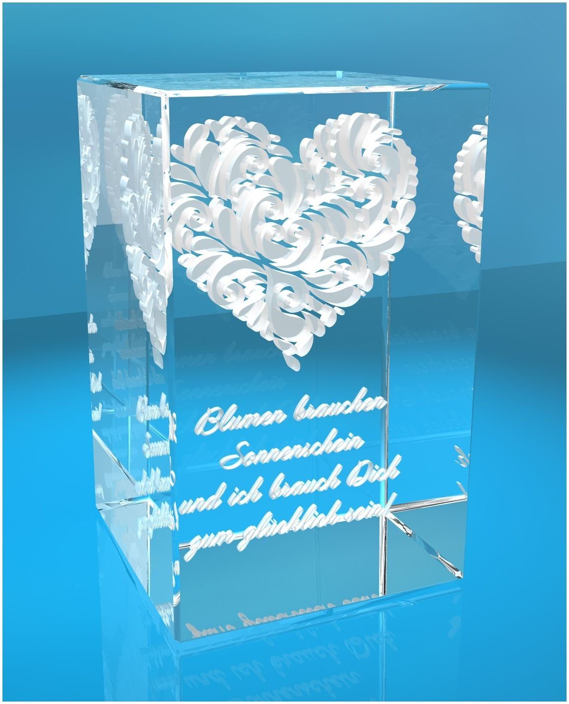 Dekofigur Herz Familienbetrieb 3D VIP-LASER Made Germany, Sonnenschein Hochwertige in Glasquader verziertes Geschenkbox, ich, Blumen und brauchen