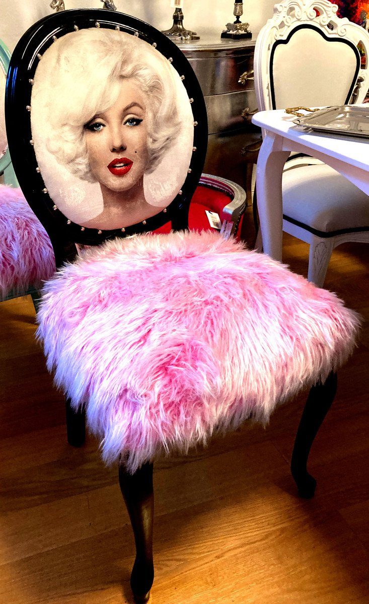 Casa Padrino Esszimmerstuhl Luxus Barock Esszimmer Stuhl Marilyn Monroe Rosa / Schwarz - Handgefertigter Pop Art Designer Stuhl mit Kunstfell - Barock Esszimmer Möbel