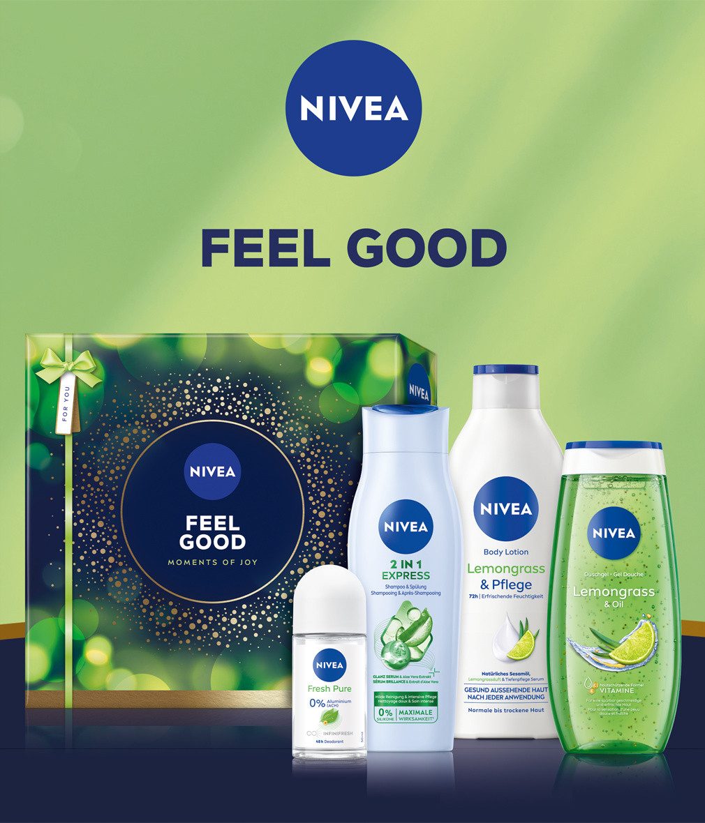 Nivea Hautpflege-Set Feel Good Geschenkset 4-teilig Duschgel Shampoo Body Lotion Deo Pflege Geschenkset, 4-tlg., 4-teiliges Geschenkset für die tägliche Pfleger – Bild 3 von 5