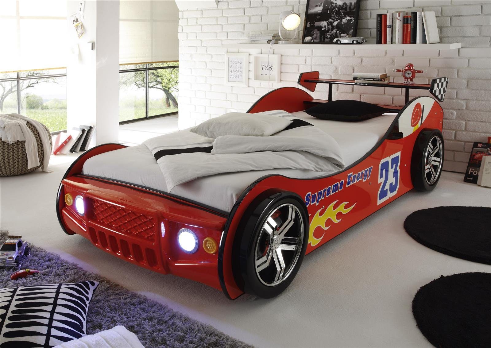 möbelando Autobett »Letta«, Autobett mit LED-Beleuchtung 90 x 200 cm -  Aufregendes Auto Kinderbett für kleine Rennfahrer in Rot - 105 x 60 x 225  cm (B/H/T)